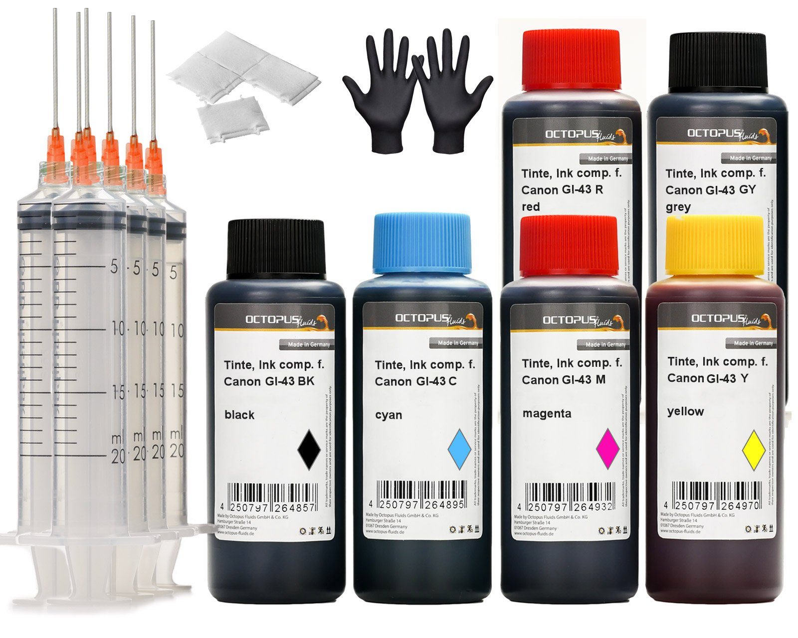 Canon, MegaTank Set Nachfülltinte CMYK G GI-43 Drucker ml) 4x250ml (für 640 540, G 250 Fluids Canon Druckertinten für Pixma OCTOPUS 4x