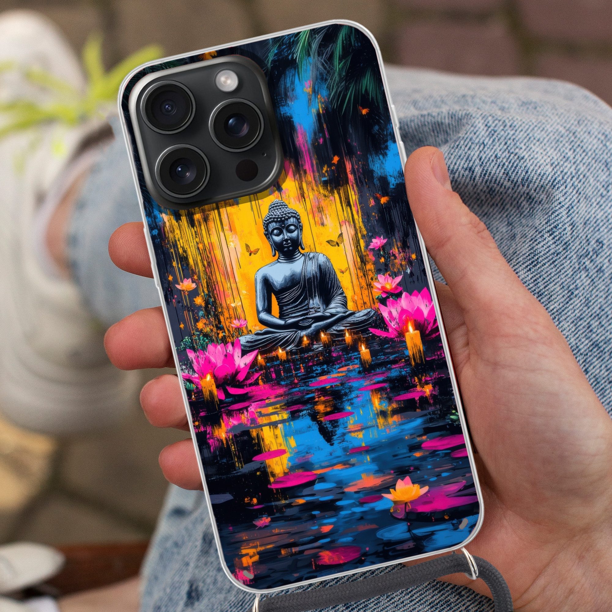 MuchoWow Handyhülle für Apple iPhone 15 Pro Max Buddha - Blumen - Kerzen - Gelb, Tragbare Handyhüllen mit Kette zum umhängen, Handykette Handyband