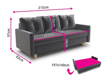 Sofnet Schlafsofa Rico, mit Schlaffunktion und Bettkasten, Bettsofa mit Holzfüße und Bonell-Ferderkern