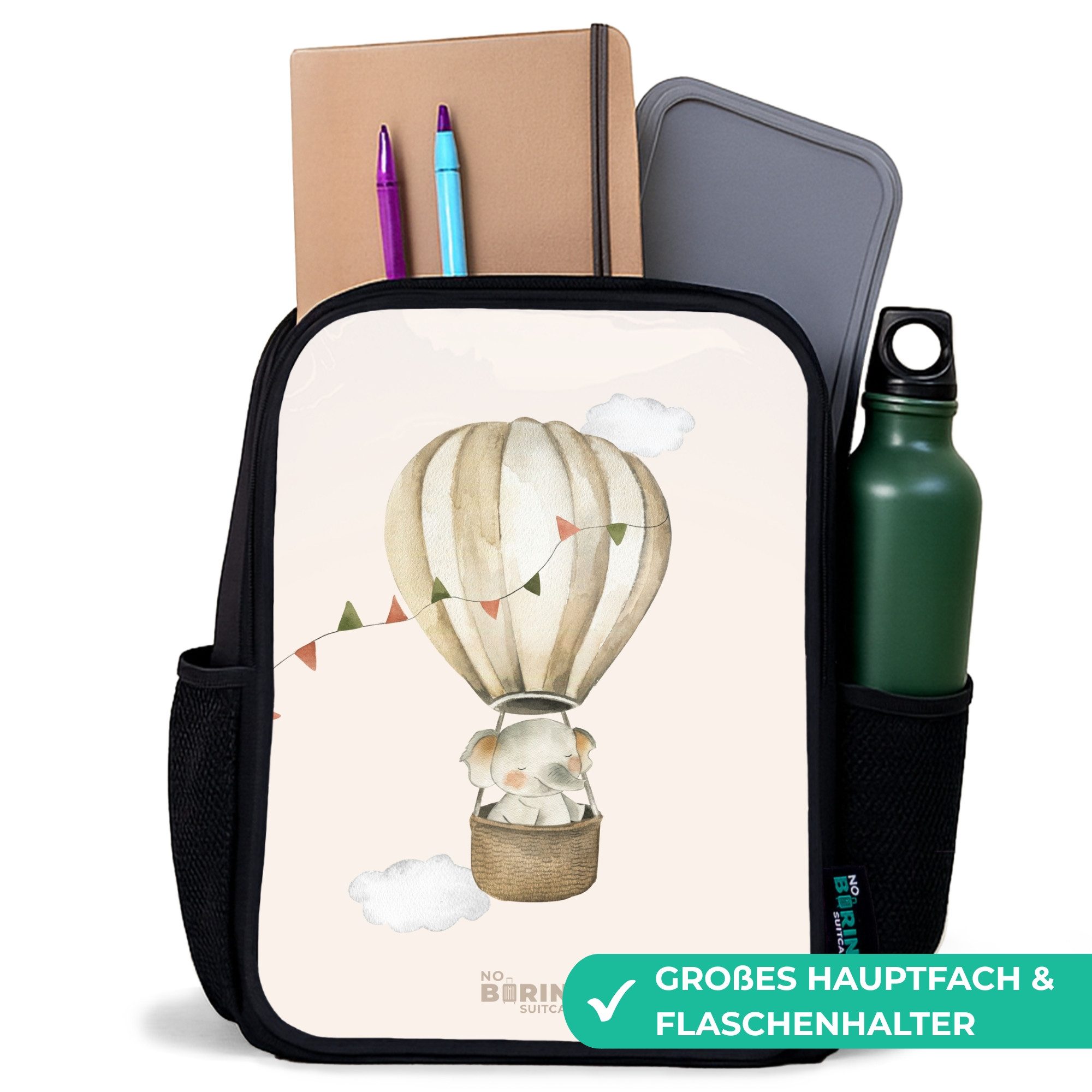 NoBoringSuitcases.com© Rucksack Elefant im Heißluftballon, Kinderrucksack Schwarz, Schulrucksack, Freizeitrucksack Jungen Mädchen
