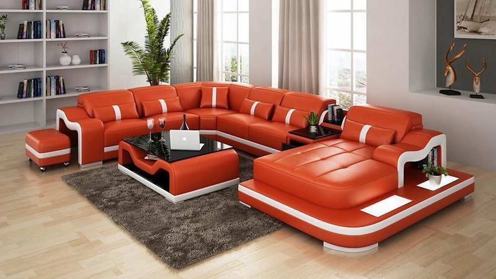 Wohnlandschaft Ecksofa in Weiß mit Ottomane und LED-Beleuchtung aus Kunstleder