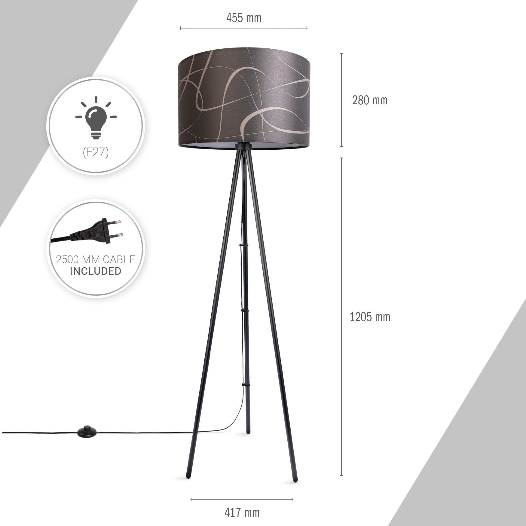 Paco Home Stehlampe Trina Dreibein Mit Modern ohne Lampenschirm Stoff Stativ Leuchtmittel, Stehlampe Uni Tribal, Vintage