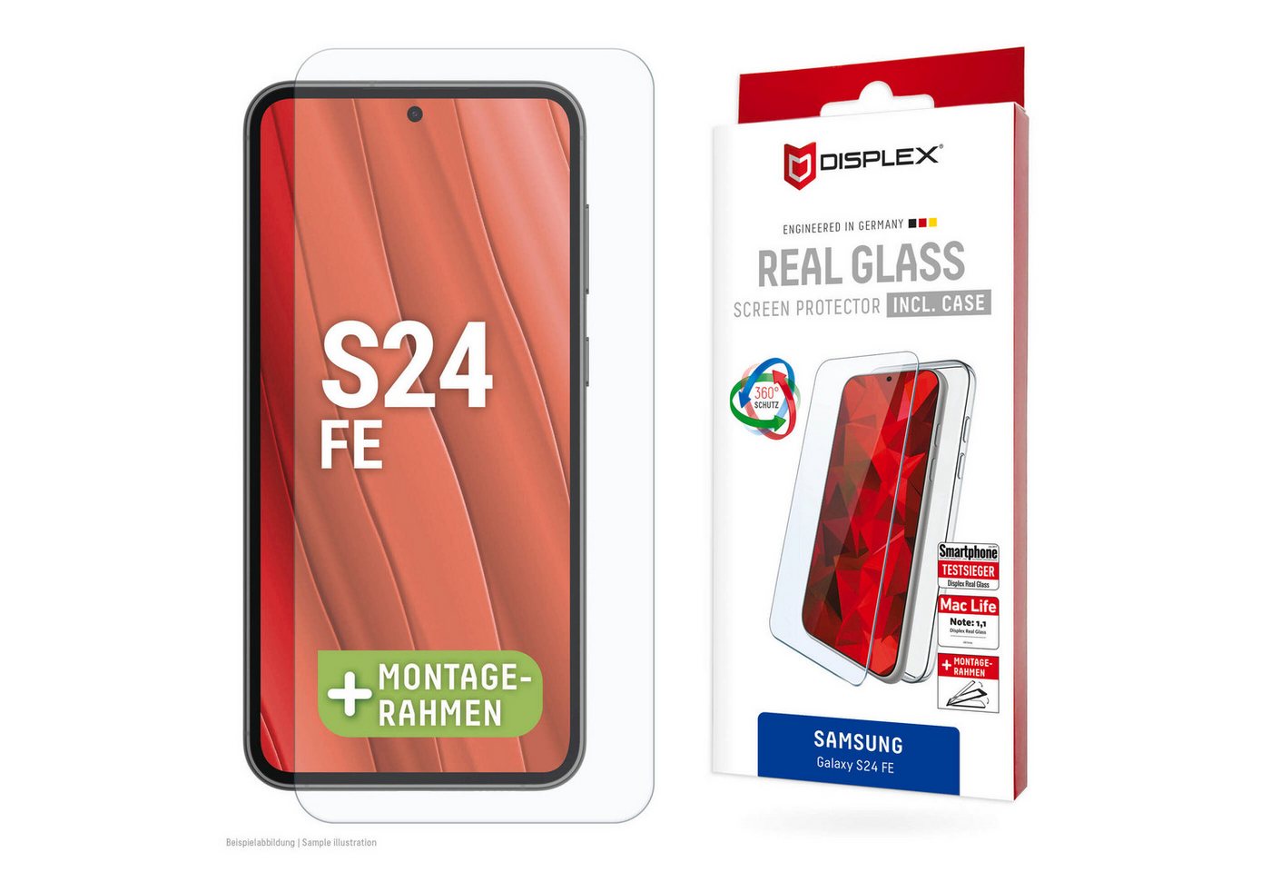 Displex Displayschutzglas Real Glass + Case für Samsung Galaxy S24 FE, Displayschutzfolie, Schutzfolie, Bildschirmschutz, kratz- & stoßfest