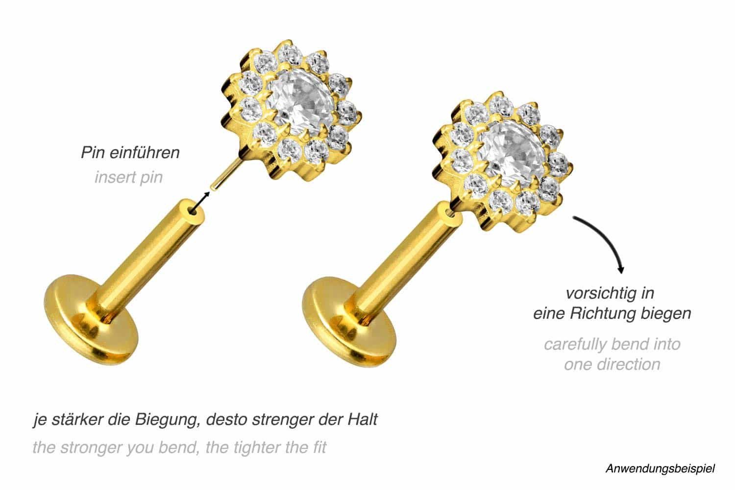 PIERCINGLINE Piercing-Set Titan Labret mit Push Fit KRISTALLBLUME (Labrets, 1-tlg)