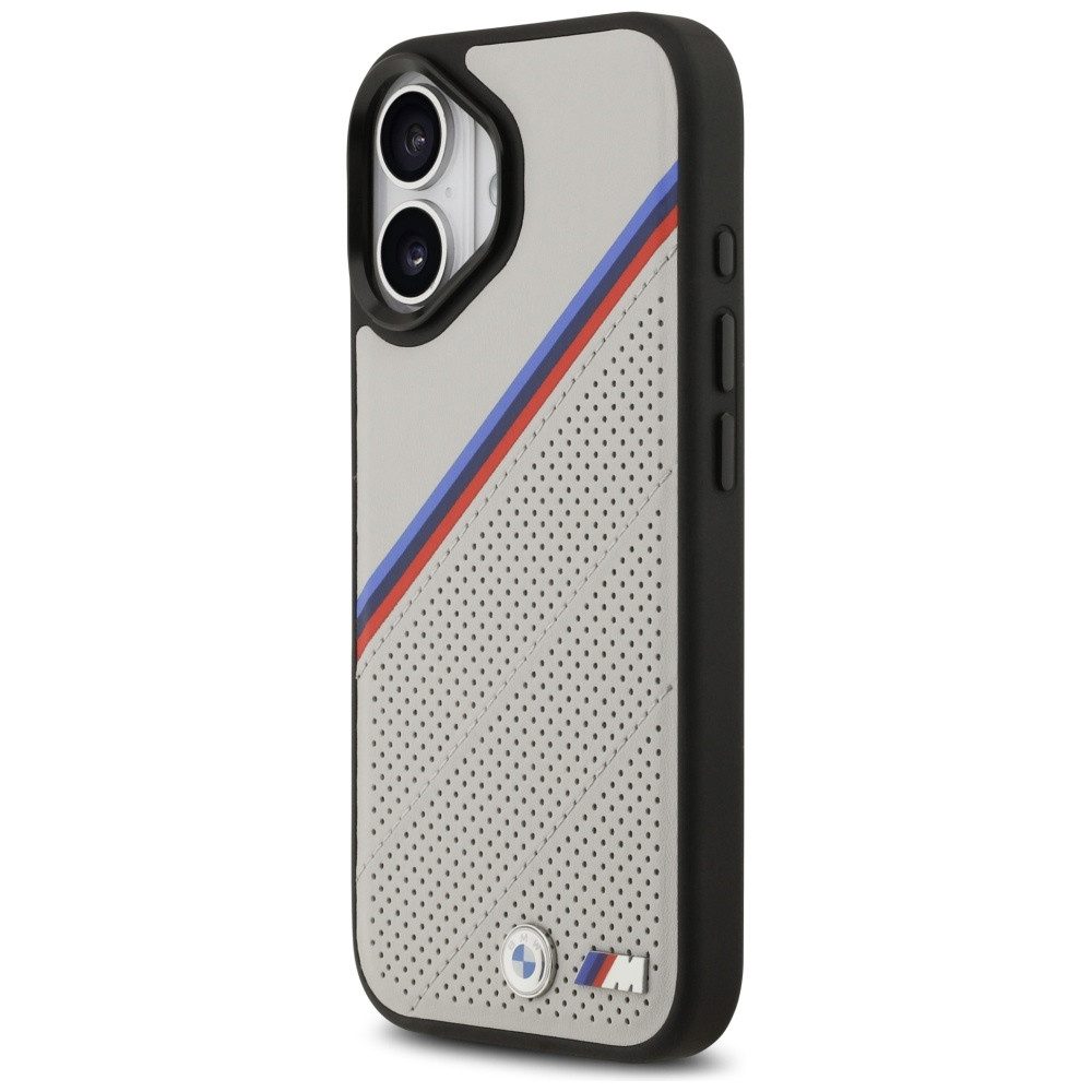 BMW Handyhülle Case iPhone 17 MagSafe Kunstleder grau Tricolor Logo Metall 6,3 Zoll, Kantenschutz