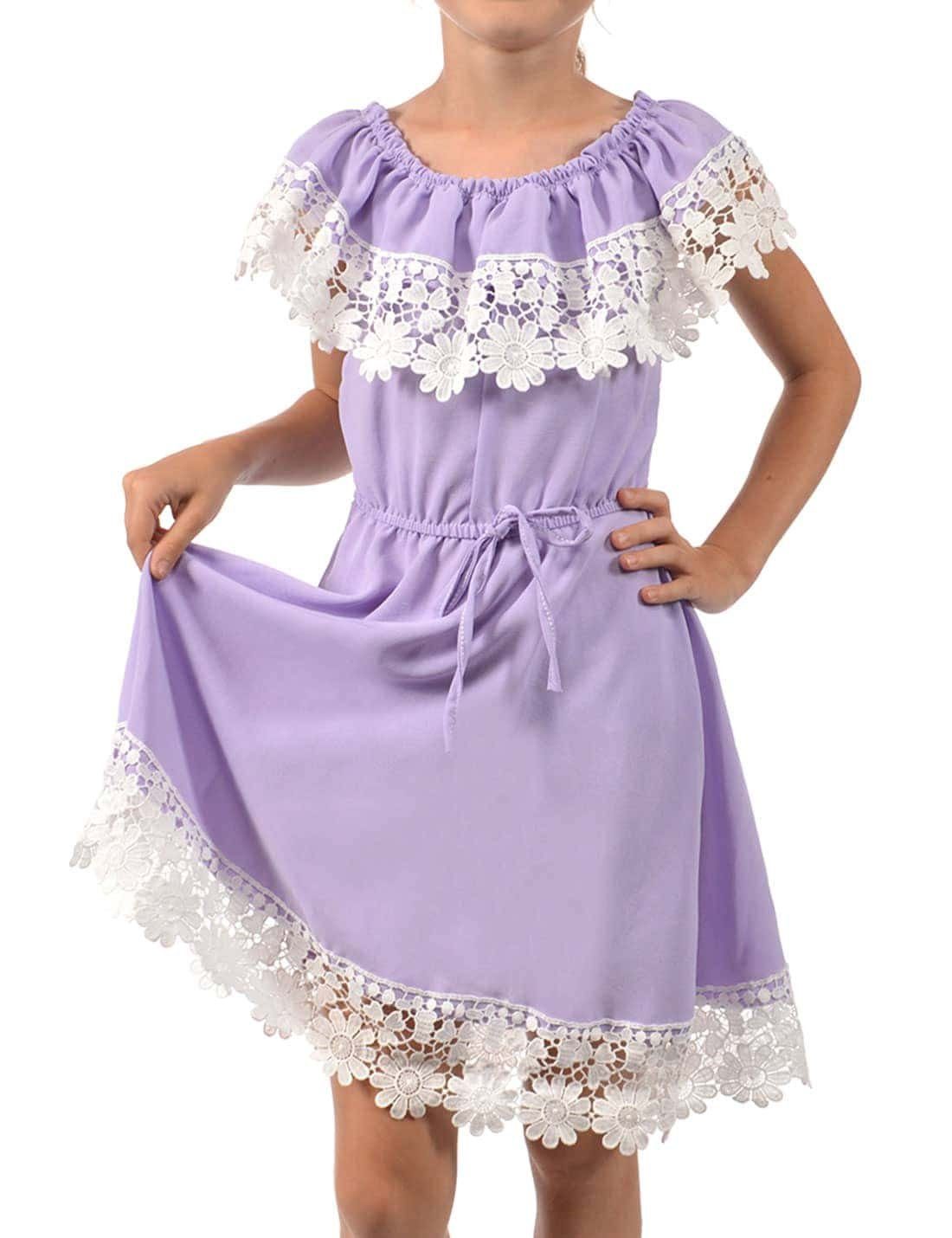 KMISSO Sommerkleid Mädchen Kleid Schulterfrei mit Spitze (1-tlg) bequem zu tragen Lila