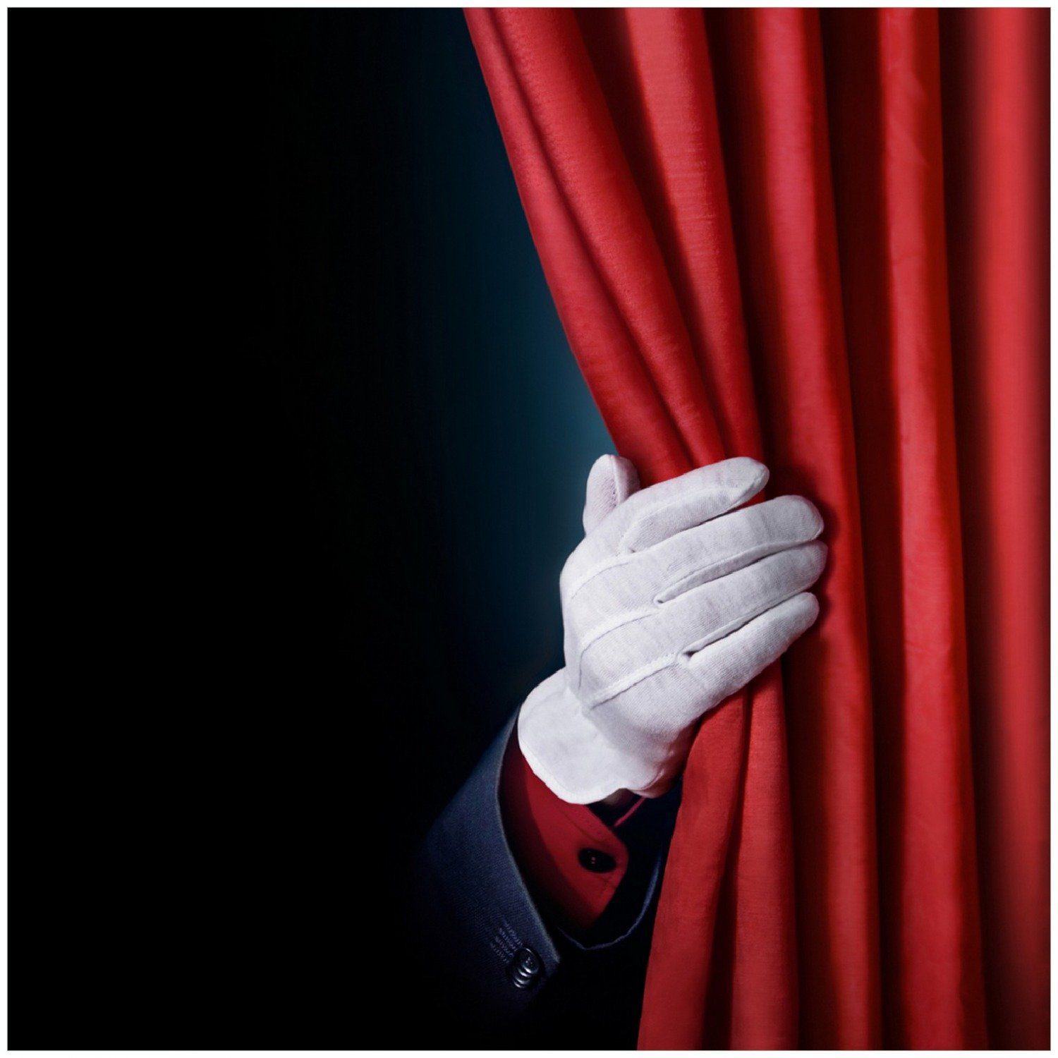 Wallario Memoboard Vorhang auf für die Show Hand hinterm roten Vorhang