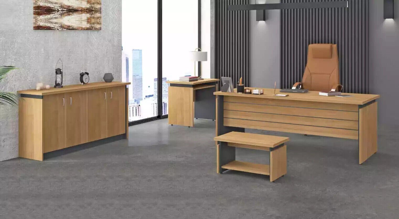 JVmoebel Schreibtisch Arbeitszimmer Holzeinrichtung Komplettes Set Schreibtisch Büromöbel (4-St., Schreibtisch, Couchtisch, Beistelltisch, Schrank), Made in Europa