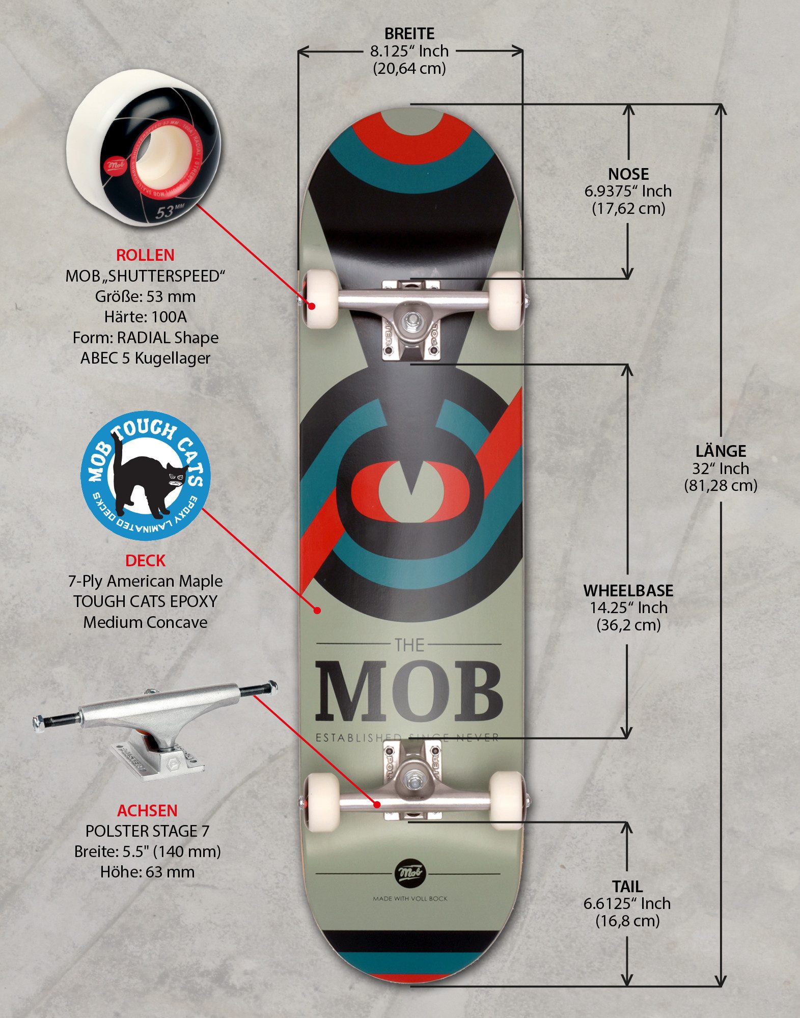 Mob Skateboards Skateboard Eyechart 8.125 Complete - Komplettboard 32 x 8.125 Zoll (fertig montiert -, 1-St., Auge - Grau, Schwarz, Blau und Rot), Holzboard aus Ahornholz - Skateboard für Jugendliche, Erwachsene