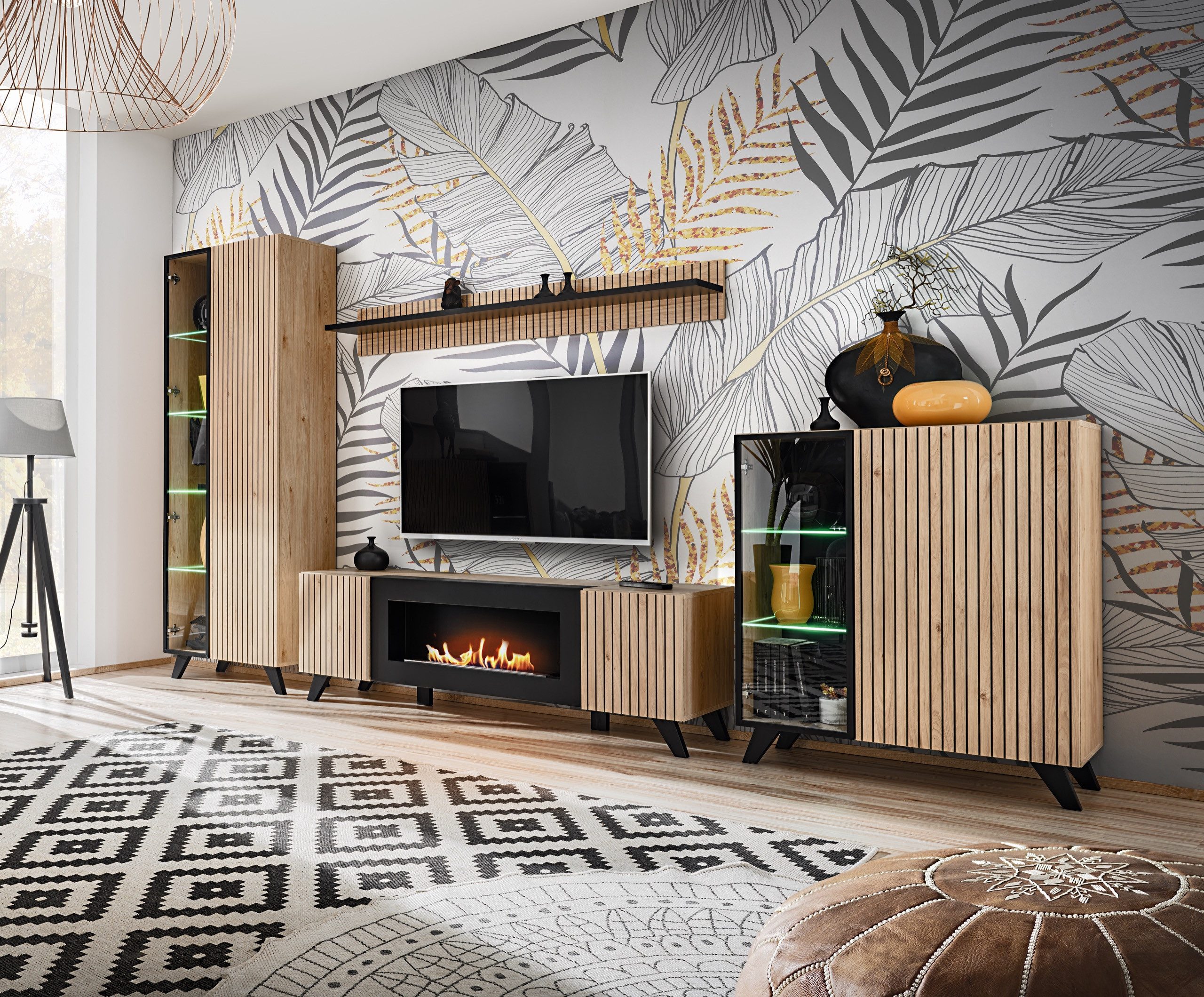 ASM-Moebel Wohnwand Wohnwand LIAM mit Lamellen und Bio Ethanol Kamin LED un günstig online kaufen