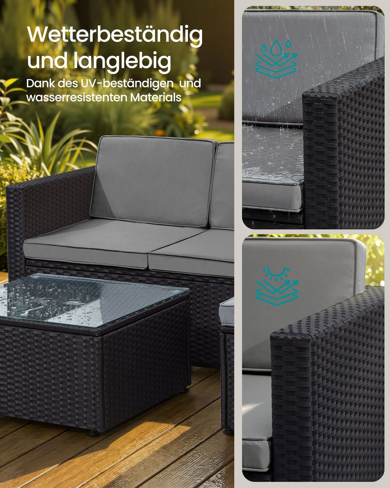 SONGMICS Gartenlounge-Set, (5-tlg., 1 Ecksofa, 1 Hocker, 1 Couchtisch, 7 Kissen), Gartenmöbel Set, Balkonmöbel, handgeflochtenes Rattan