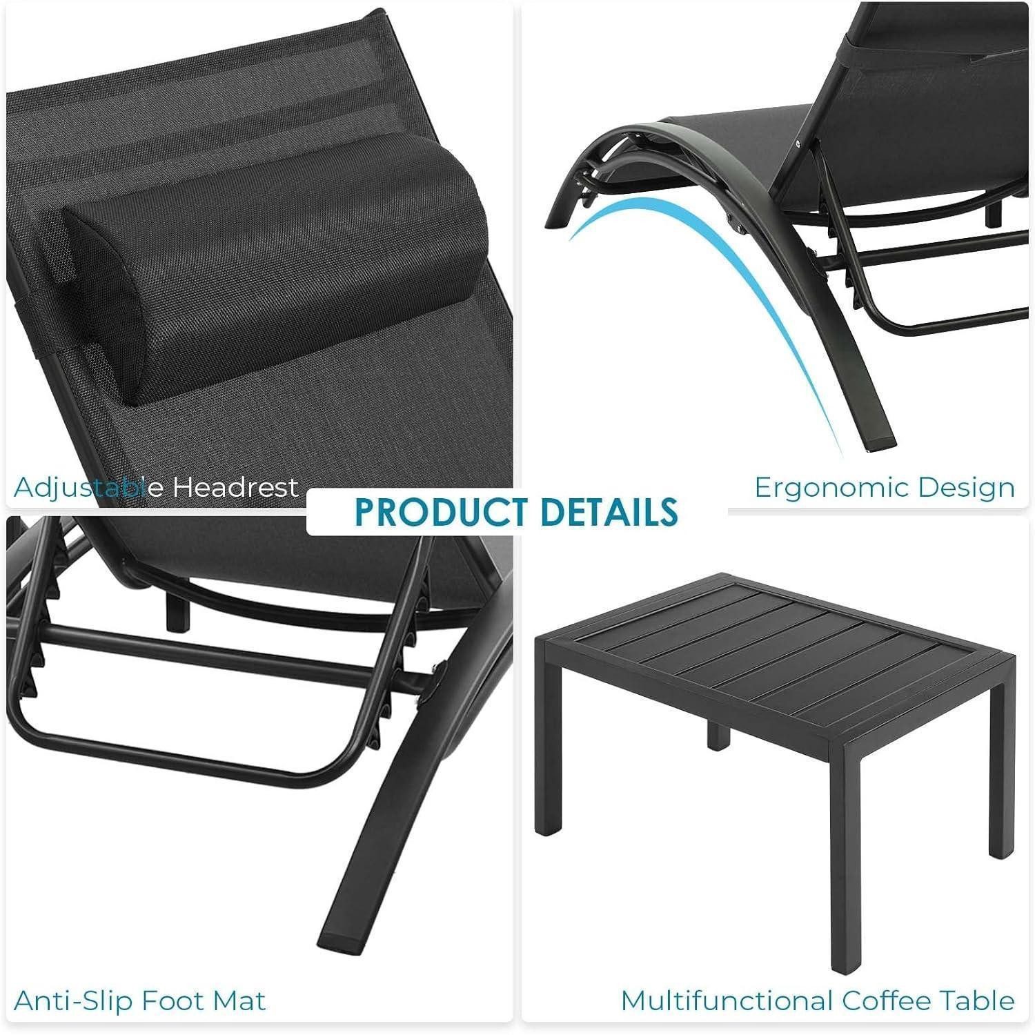 LuxusKollektion Gartenliege Sonnenliege Aluminium XXL 2er Set 5fach 3-teiliges Set Schwarz