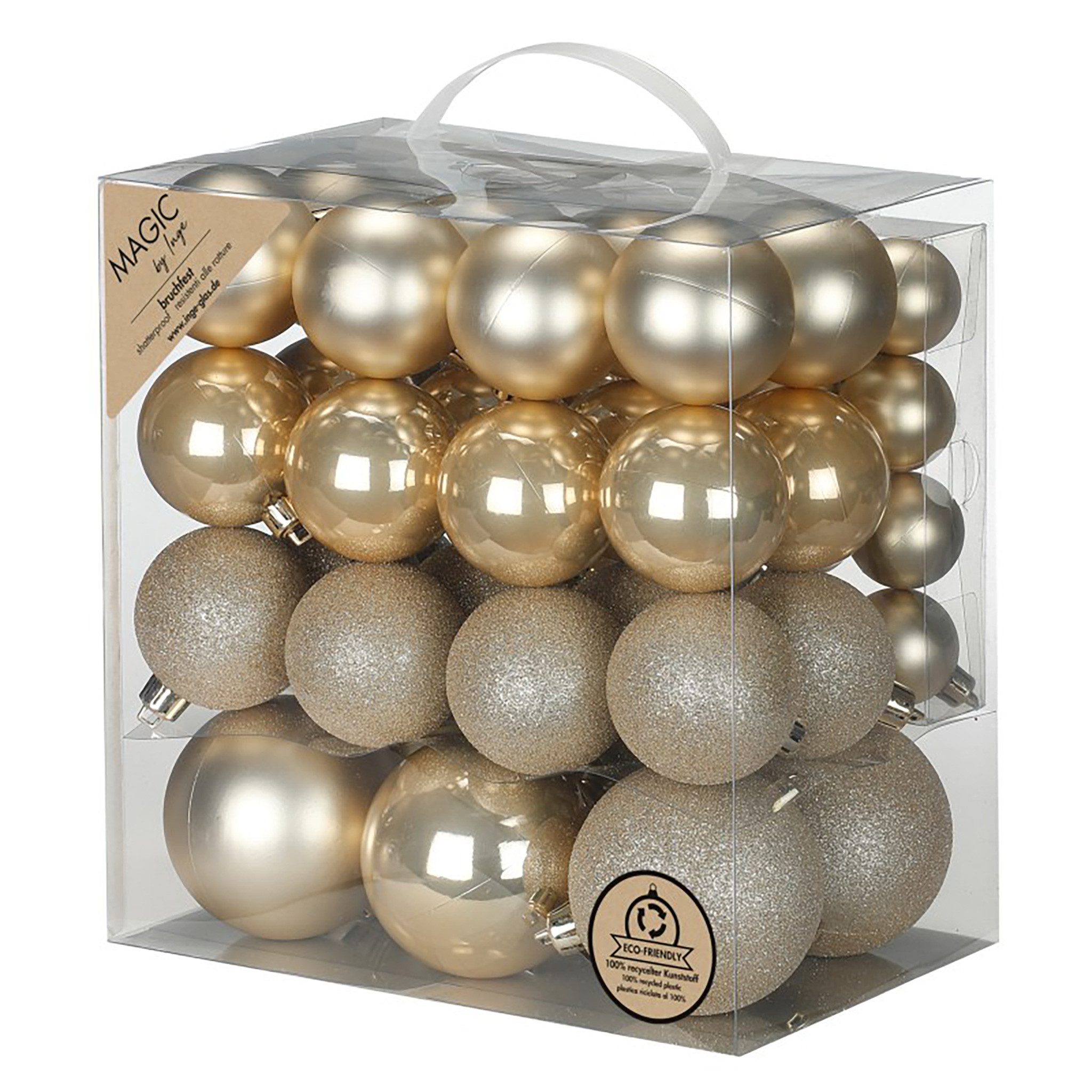 Holly & Jolly Weihnachtsbaumkugel, Weihnachtskugeln Kunststoff 4-8cm Mix 54er Set - Creamy Gold