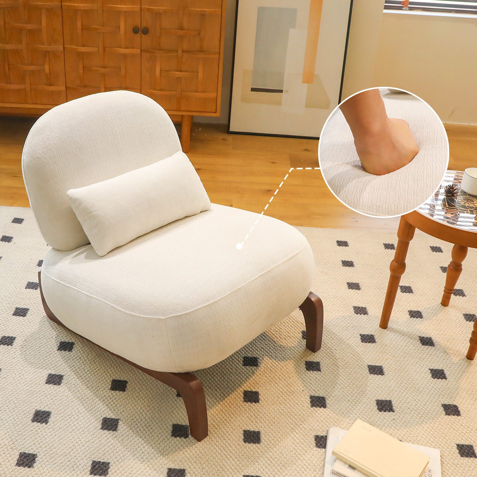 HAUSS SPOLE Loungesessel für Wohnzimmer,Samtsessel mit Massivholzbeinen,Akzentstuhl in Weiß (Polstersessel Relaxsessel ohne Armlehnen im Mid-Century-Stil), Sessel aus Stoff mit Holzfüßen