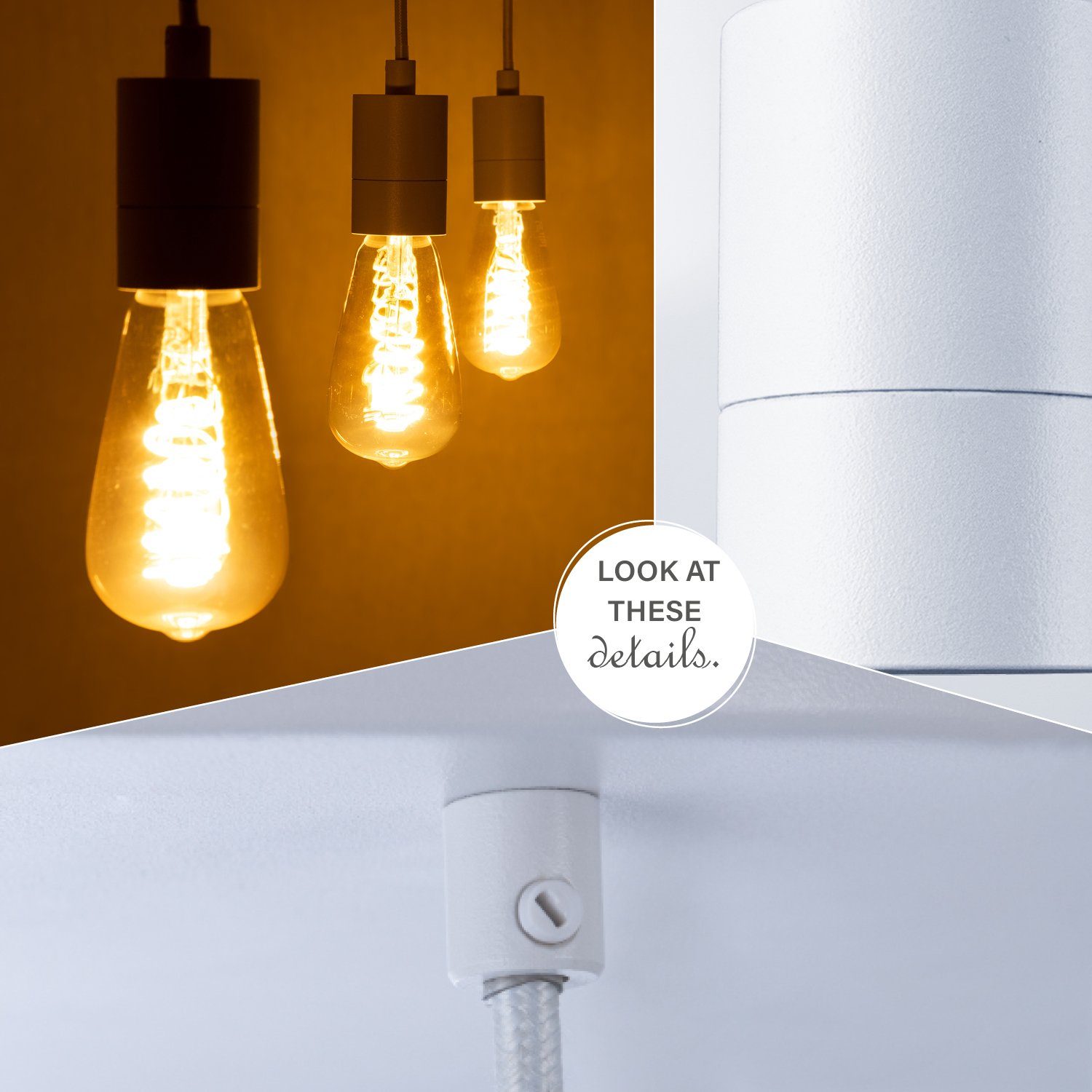 Paco Home Pendelleuchte HUGO SQ S, ohne Leuchtmittel, Stabile Lampenaufhängung E27 1,5m Textilkabel 3 Flammig 60cm Breit