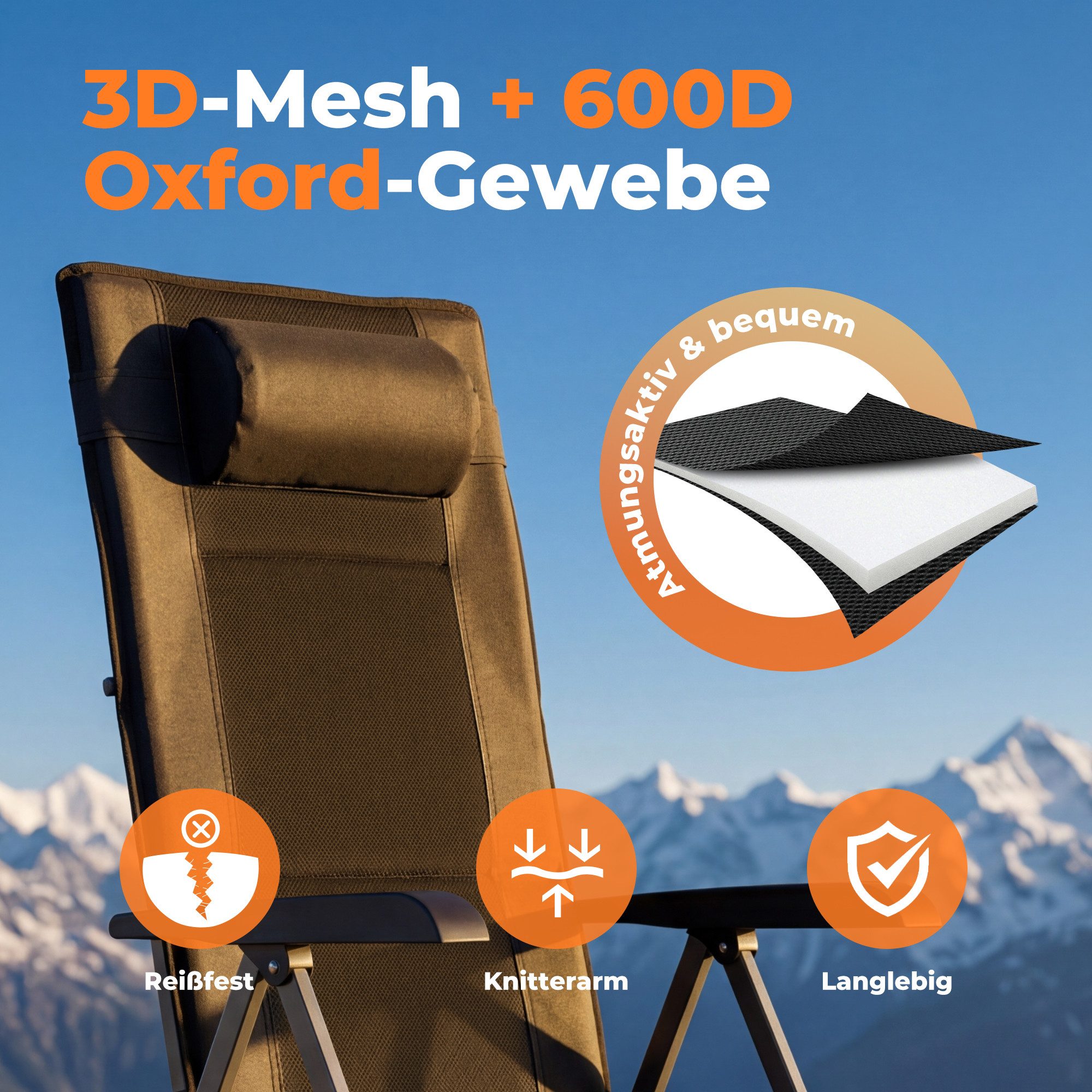 HOMECALL Klappstuhl Campingstuhl Faltbar 3D-Mesh + 600D Oxford Gartenstuhl Hohe Lehne (bis 150 KG mit Seitentasche Getränkhalter), Angelstuhl für Camp Garten Ba – Bild 3 von 5