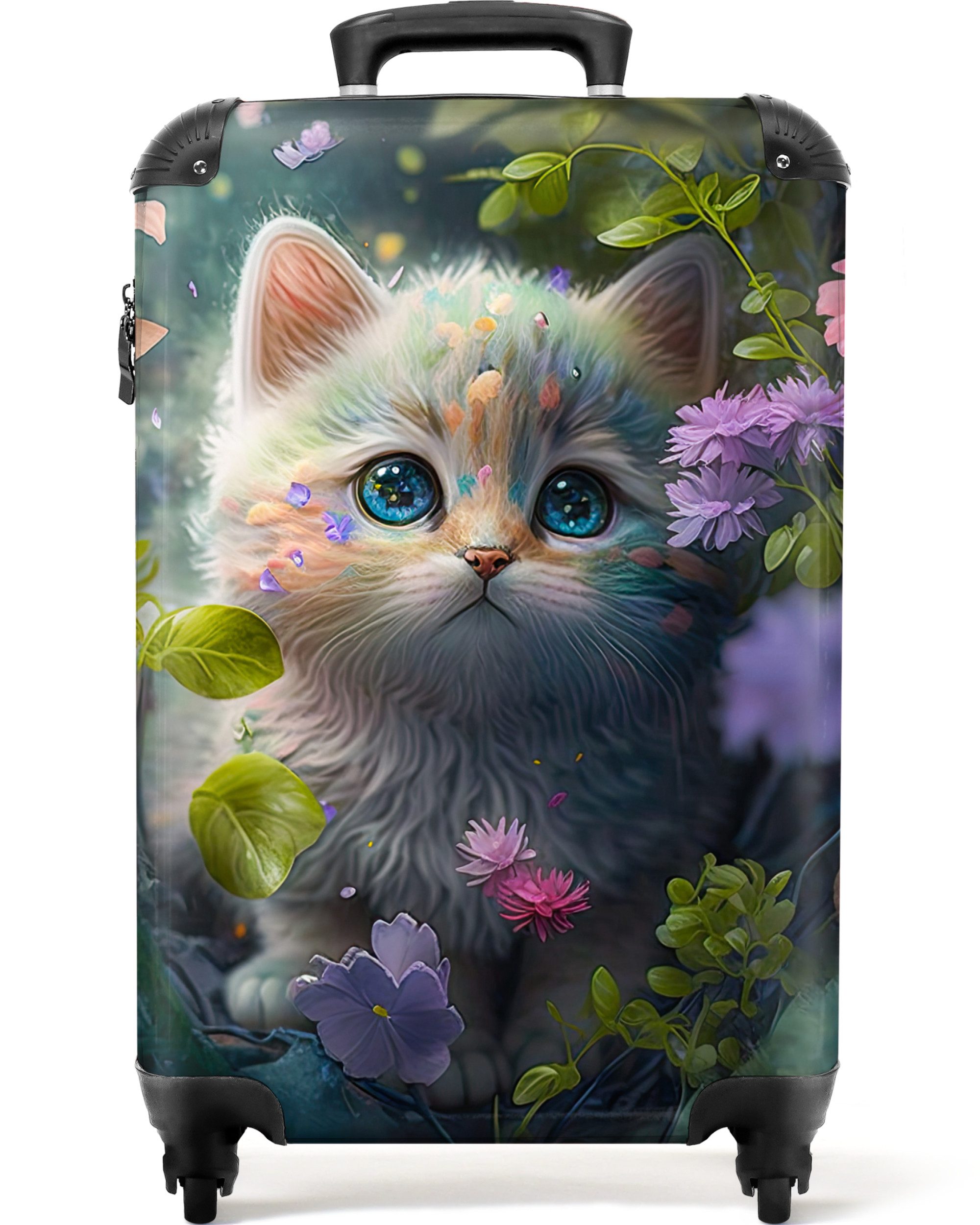 NoBoringSuitcases.com© Kinderkoffer Kätzchen - Blumen - Wald - Illustration - Katze 55x35x20cm, 4 Rollen, Reisetasche mit Rollen, Koffer Handgepäck Flugzeug