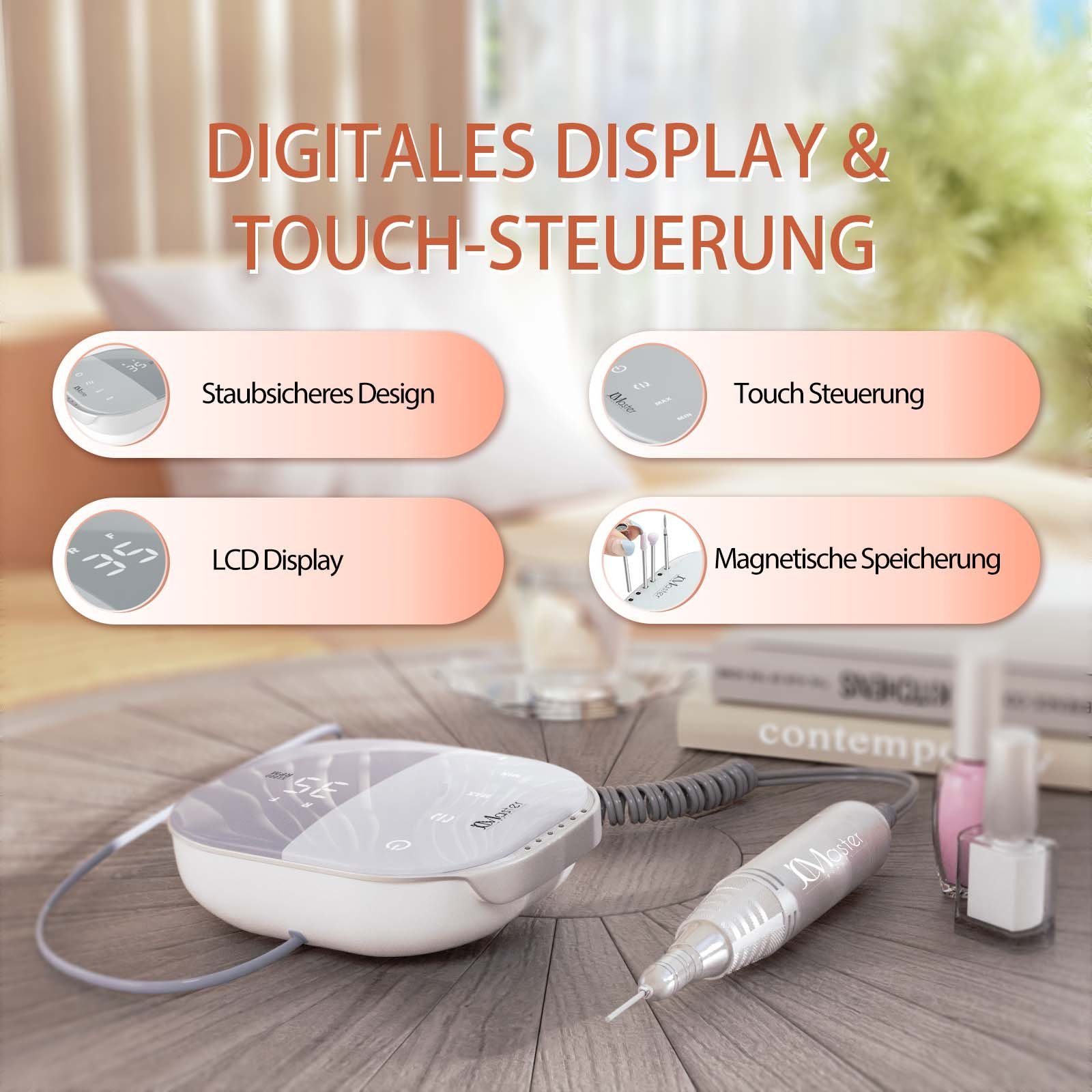 JCMaster Maniküre-Pediküre-Set TouchPro+ Nagelfräser 35000RPM mit Aufsätze Bits, Profi Nagel Fräsmaschine für Gelnägel, Acrylnägel, Kunstnägel