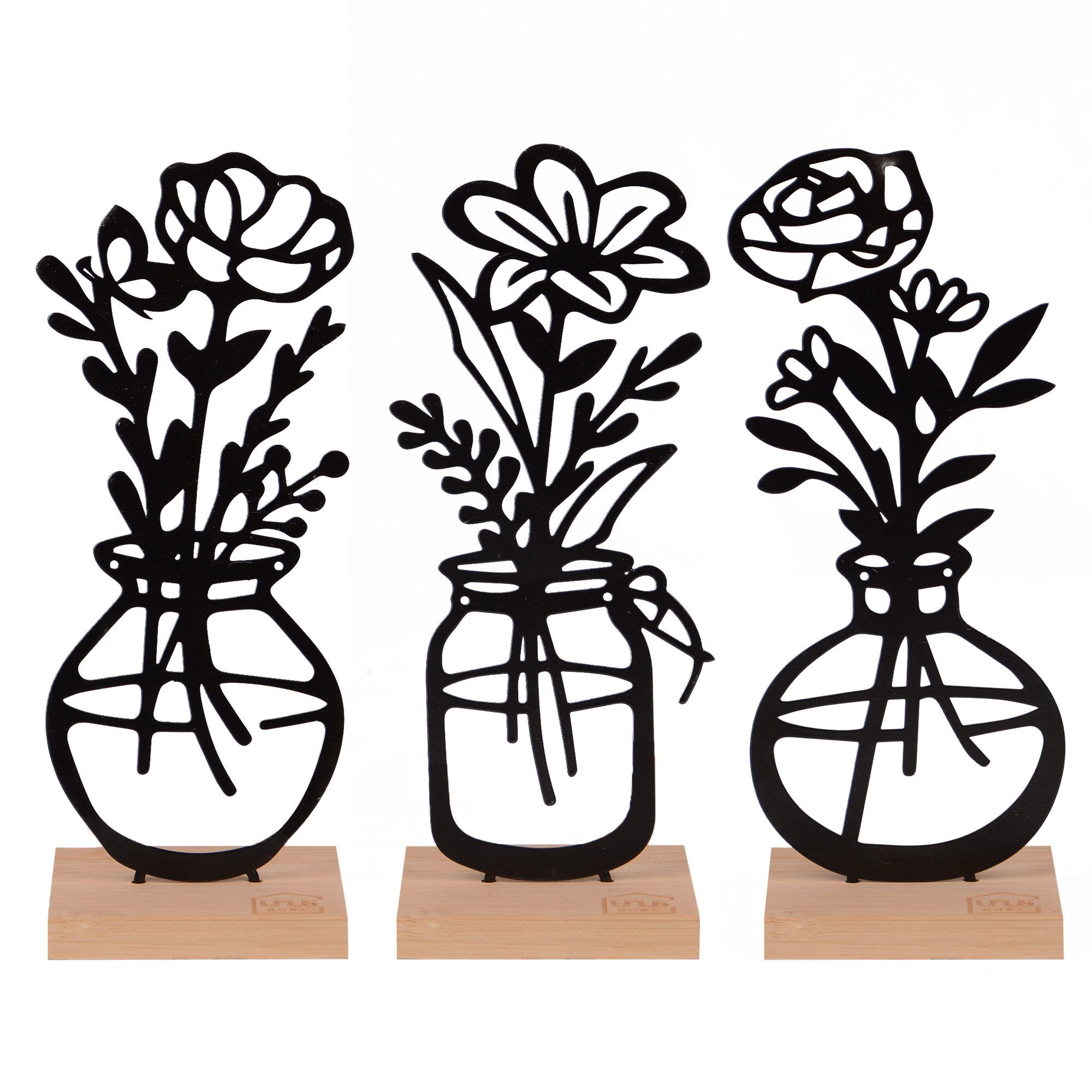 UNUS HOME Dekofigur Deko-Aufsteller 3er Set „Vase mit Blumen“ (3er Set, schwarz), Deko für Fensterbank, Tischdeko, Geschenkidee, Mitbringsel