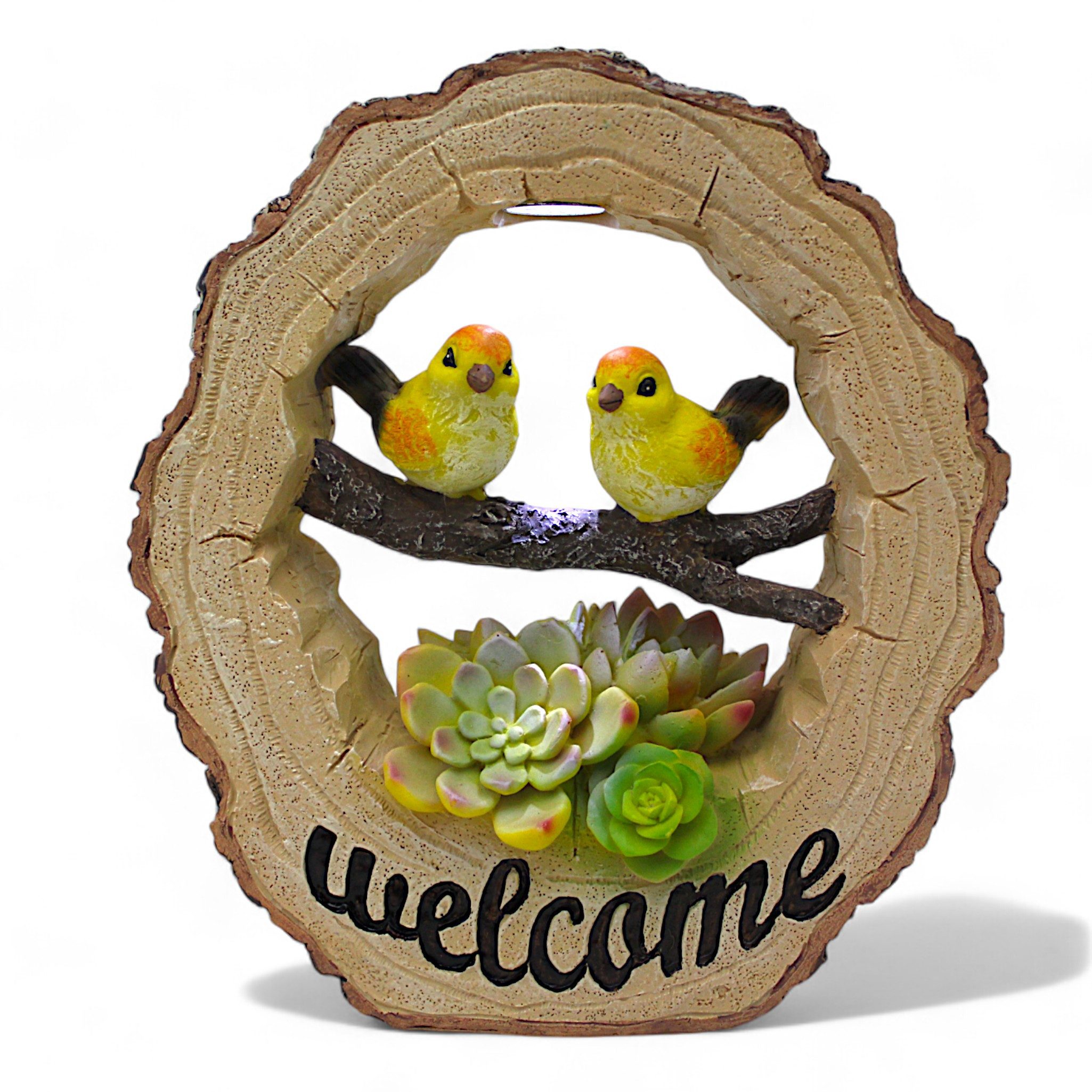 Arnusa Gartenfigur Solar Welcome Schild Gartendeko beleuchtet Holzoptik 23x20 cm, Solarleuchte Solarlampe Vogel