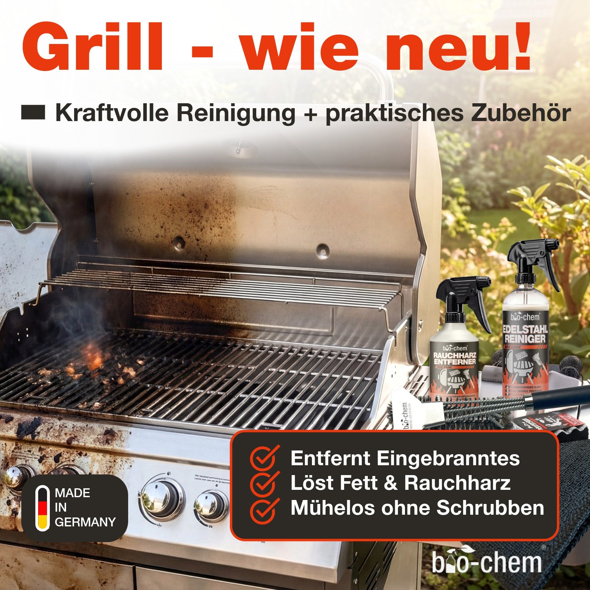 bio-chem Grillreiniger Set 5-teilig – Profi-Reinigung & Edelstahlreiniger Grillreiniger (Sparpaket, [- Rauchharz-Entferner, Edelstahl-Reiniger, Grillbürste, Schwamm, Tuch 4-teiliges Set mit Reinigern & Zubehör)