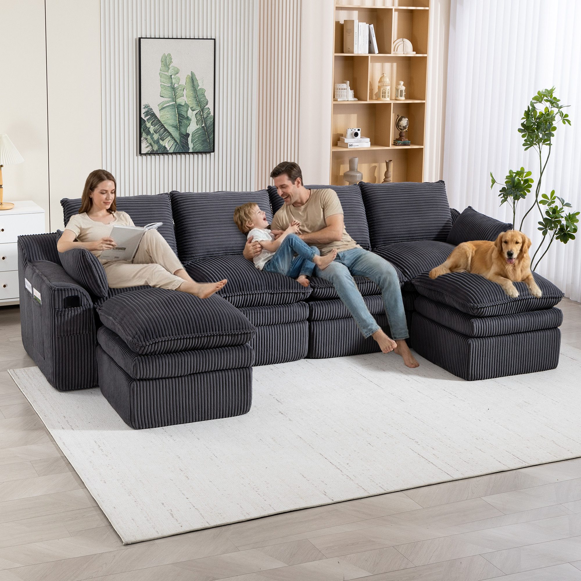 Odikalo Sofa Ecksofa 2-3-4-Sitzer inkl. Kissen & 2 Seitentaschen, Modulares 4-Sitzer Cordsofa (mit 2 Hockern), 3‑lagiger Schaumstoff + Federkern für schnelle Rückfederung. Frei kombinierbar – ideal für Wohnzimmer, Büro & mehr.