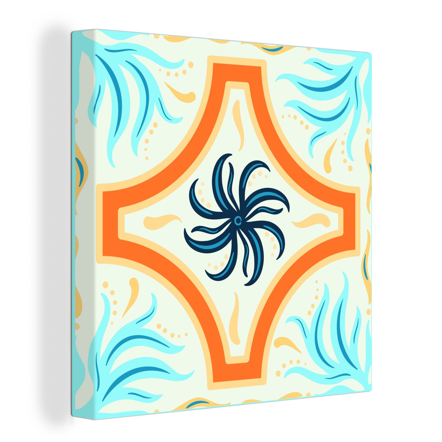 MuchoWow Leinwandbild Blume - Rahmen - Orange - Muster, (1 St), Leinwand Bilder Wandbilder Wohnzimmer Dekoration