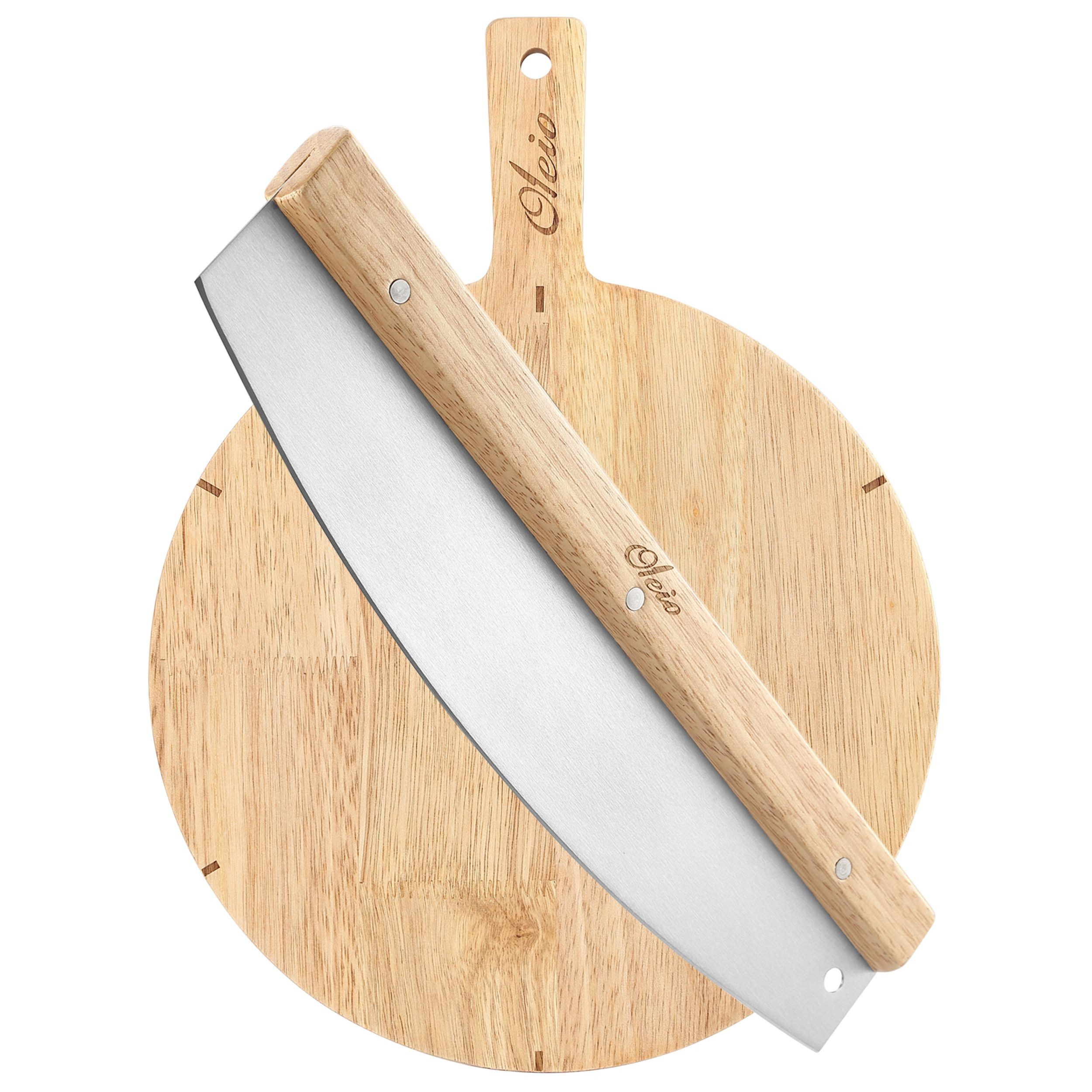 Oleio Pizzamesser Pizzaschneider Wiegemesser + Pizzabrett rund, 30 cm aus Holz