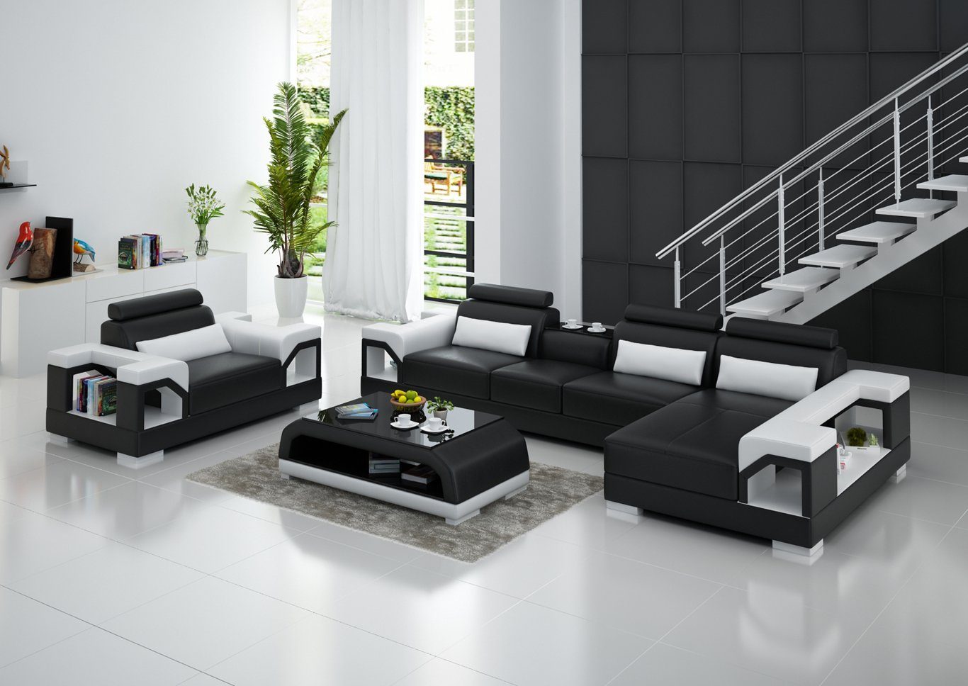 JVmoebel Wohnzimmer-Set, Wohnlandschaft Ecksofa Garnitur L Form Modern Set Sessel Schwarz/Weiß Sofa