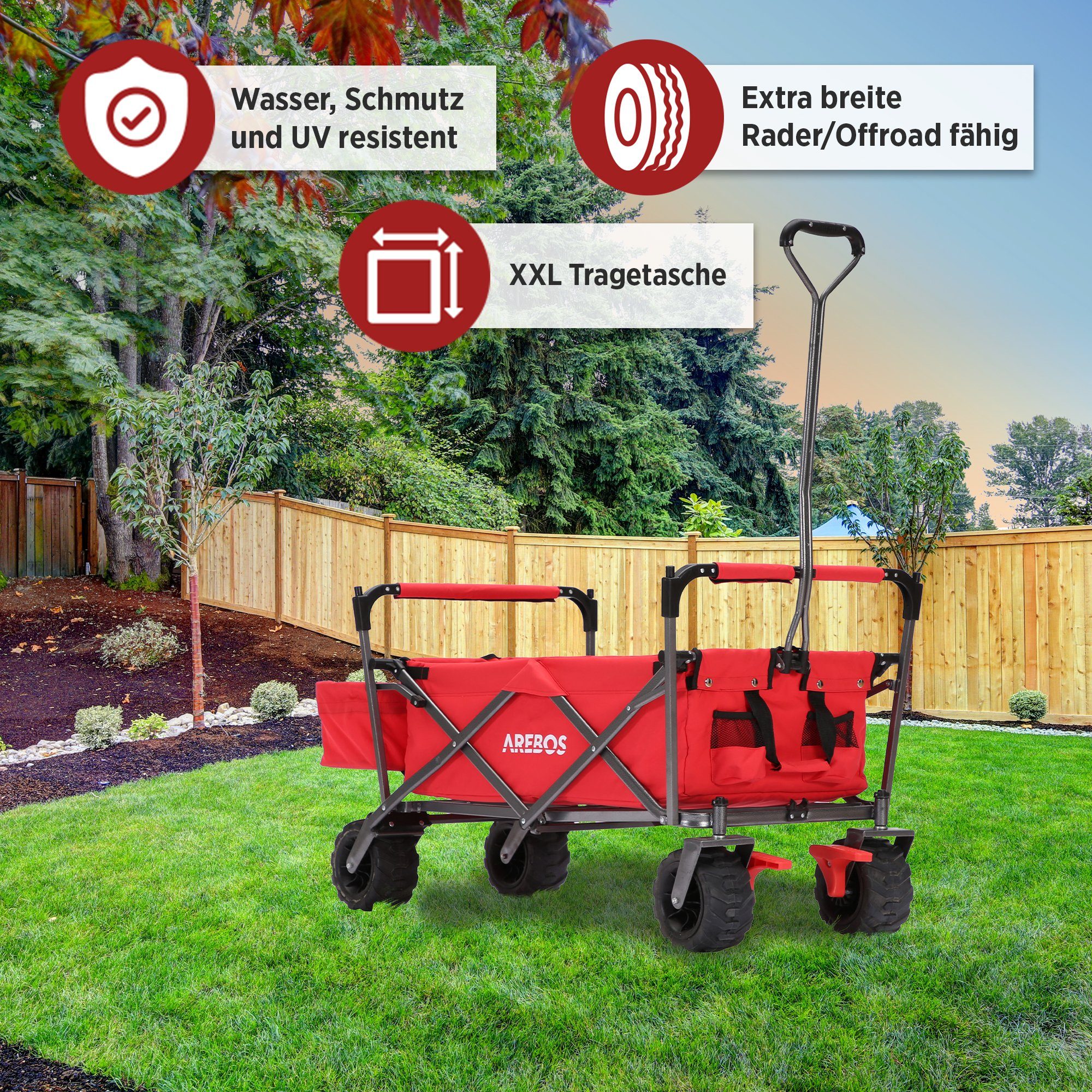 Arebos Bollerwagen faltbarer Handwagen mit Dach – Transportkarre für Garten & Freizeit, Maße 124 x 60 x 128 cm – Bild 4 von 5