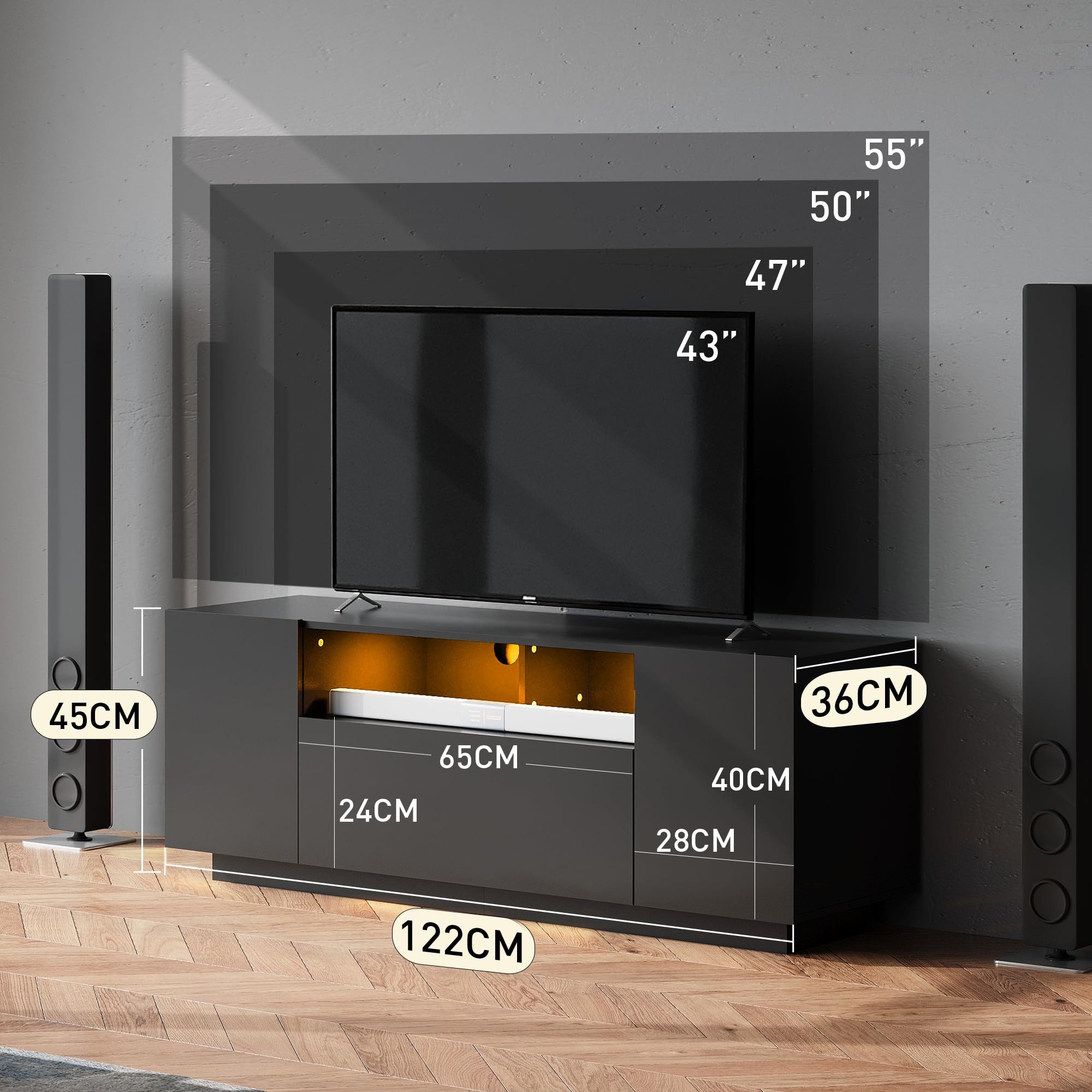 WLIVE TV-Schrank TV-Lowboard mit RGB-LED-Beleuchtung & Soft-Close, 122/170 × 36 × 45 cm (TV Board mit Schränken und 2 Freiflächen, großer Stauraum) Fernsehschrank mit Klapptür, Schwarz