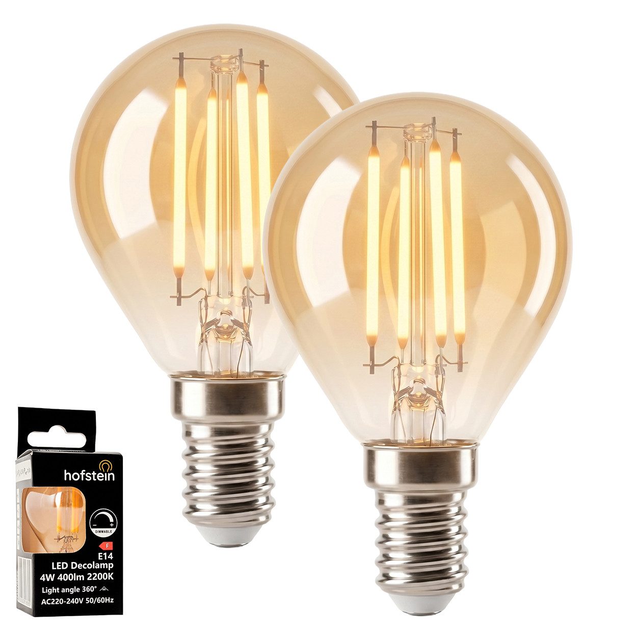 hofstein LED-Leuchtmittel 2er Set Glühbirne Extra Warmweiß dimmbar 4 Watt, E14, 2200 Kelvin, 350 Lumen, Kerze, Filament, Amber