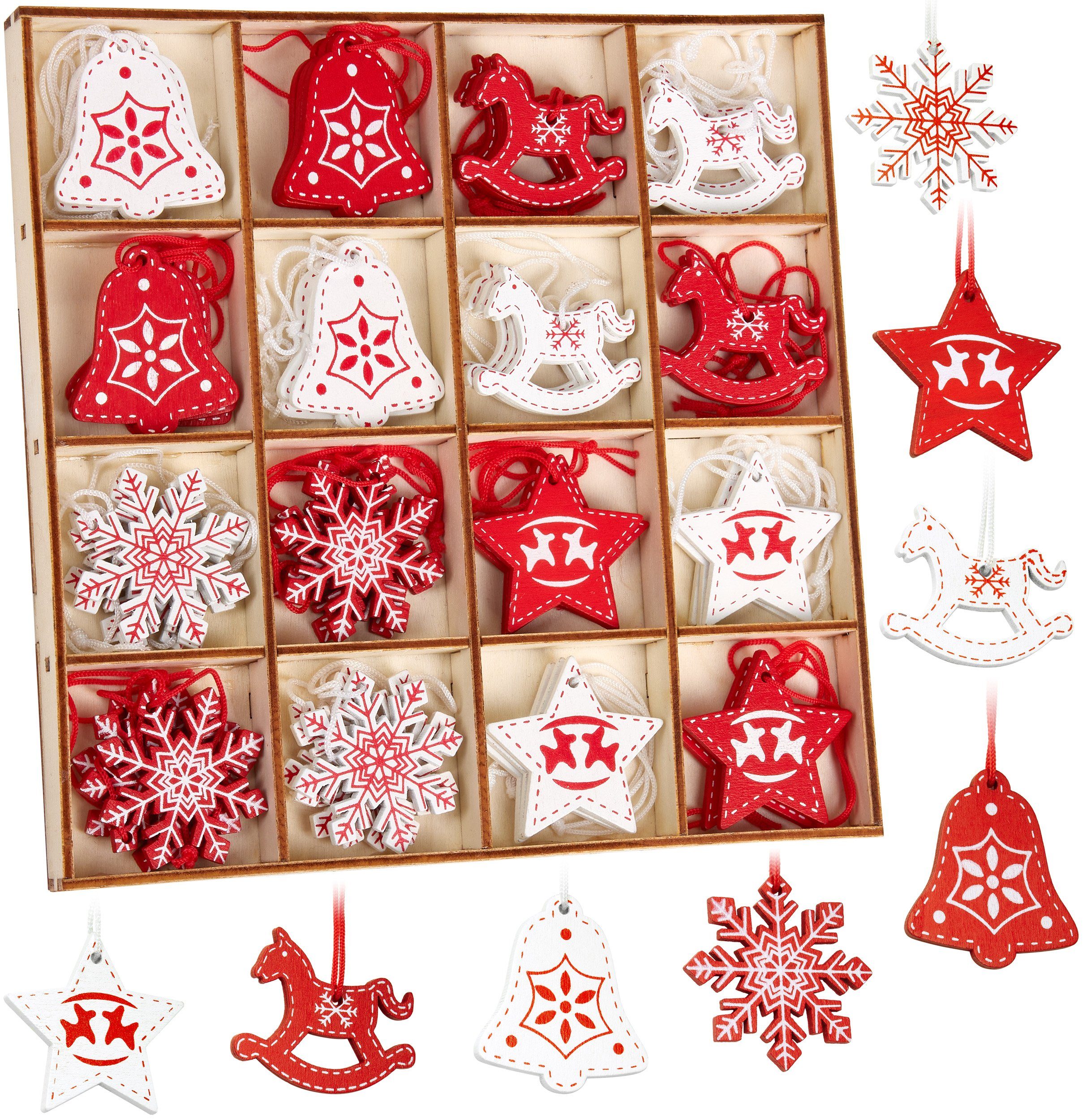 BRUBAKER Christbaumschmuck Weihnachtsbaumschmuck Set (48-tlg), Holz Christbaumanhänger - Rot und Weiße Weihnachtsanhänger, 3-4 cm