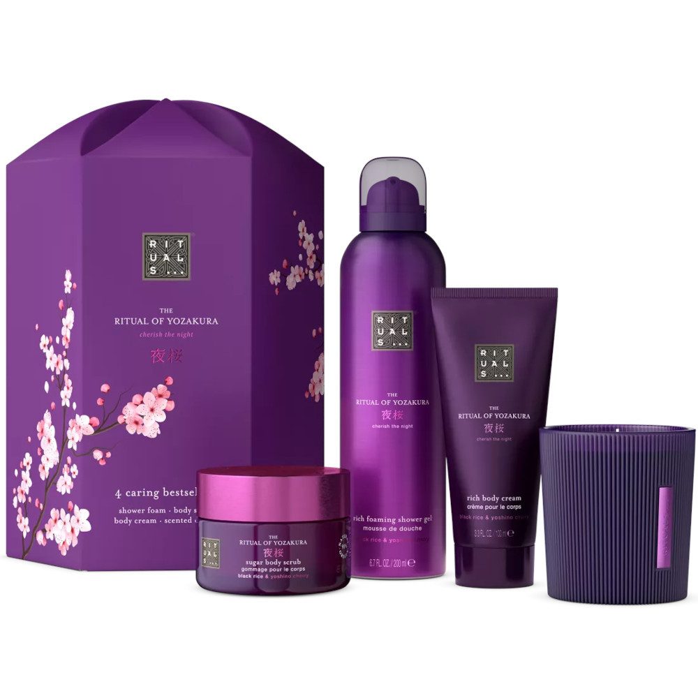 Pflege-Geschenkset Von Yozakura 4 tlg: Creme 100 ml,Peeling 125 g,Gel 200 ml,Kerze 140 g