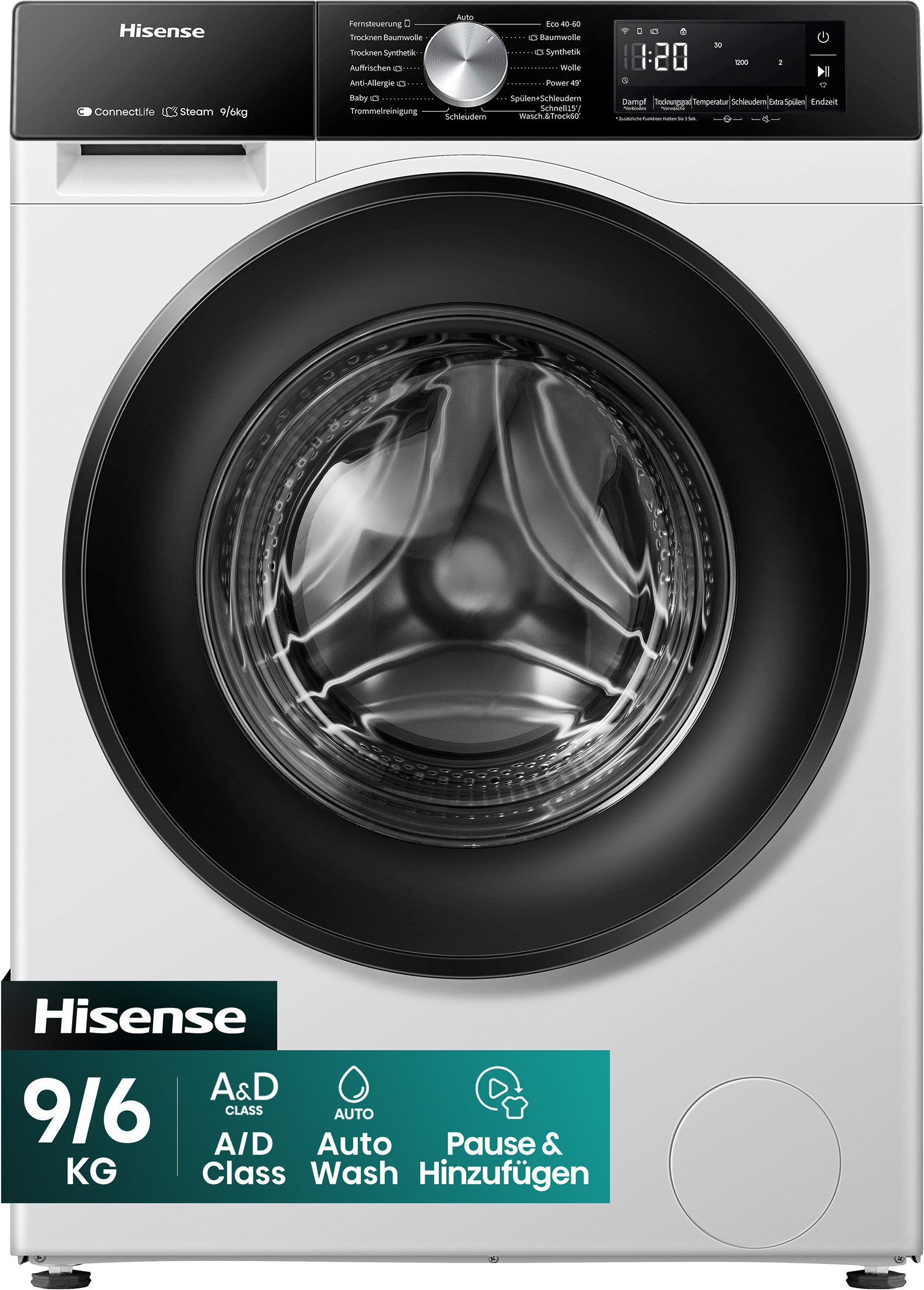 Hisense Waschtrockner 3s Serie WD3S9043BW3, 9 kg, 6 kg, 1400 U/min, Waschen & Trocknen in 60 min.