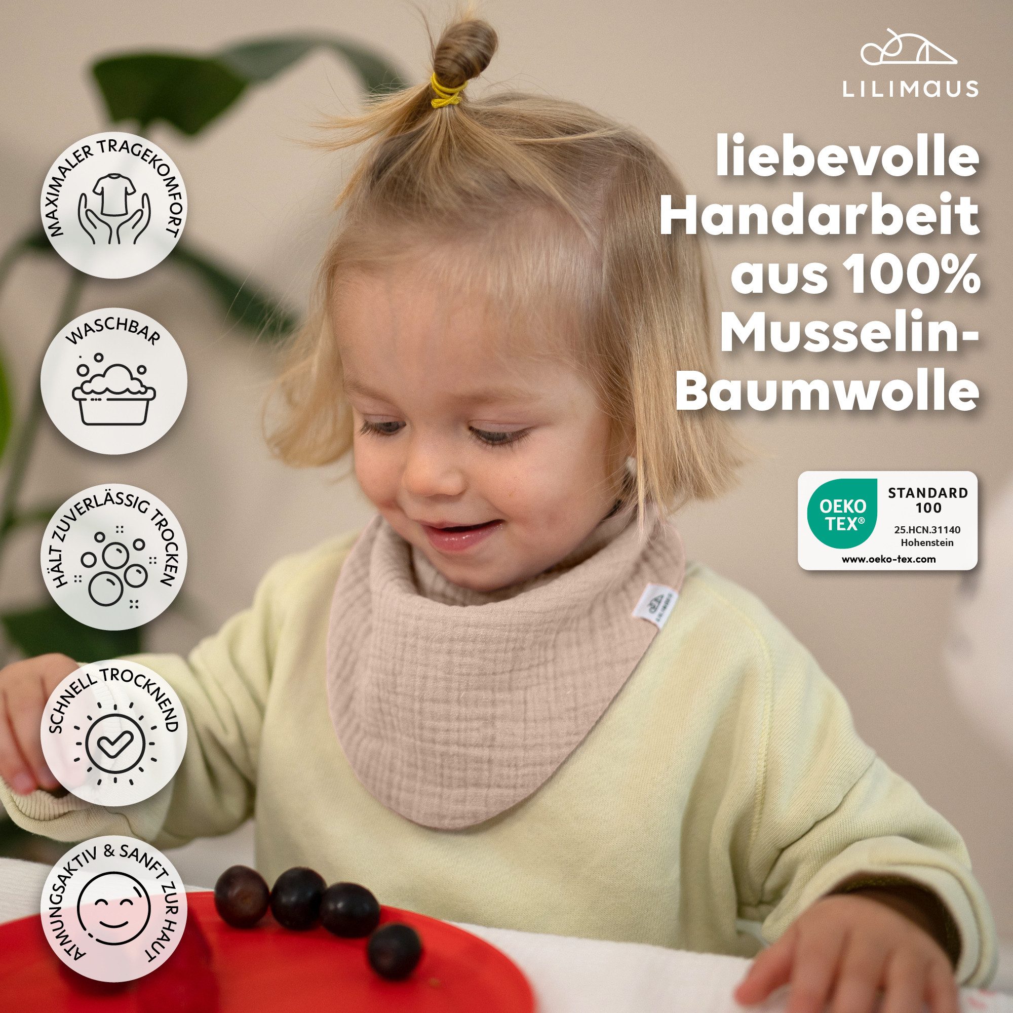lilimaus Spucktuch Musselin Dreieckstuch für Babys - Halstuch & Sabbertuch, (1-tlg), hält den Hals trocken & sitzt auch bei Bewegung - in 2 Größen