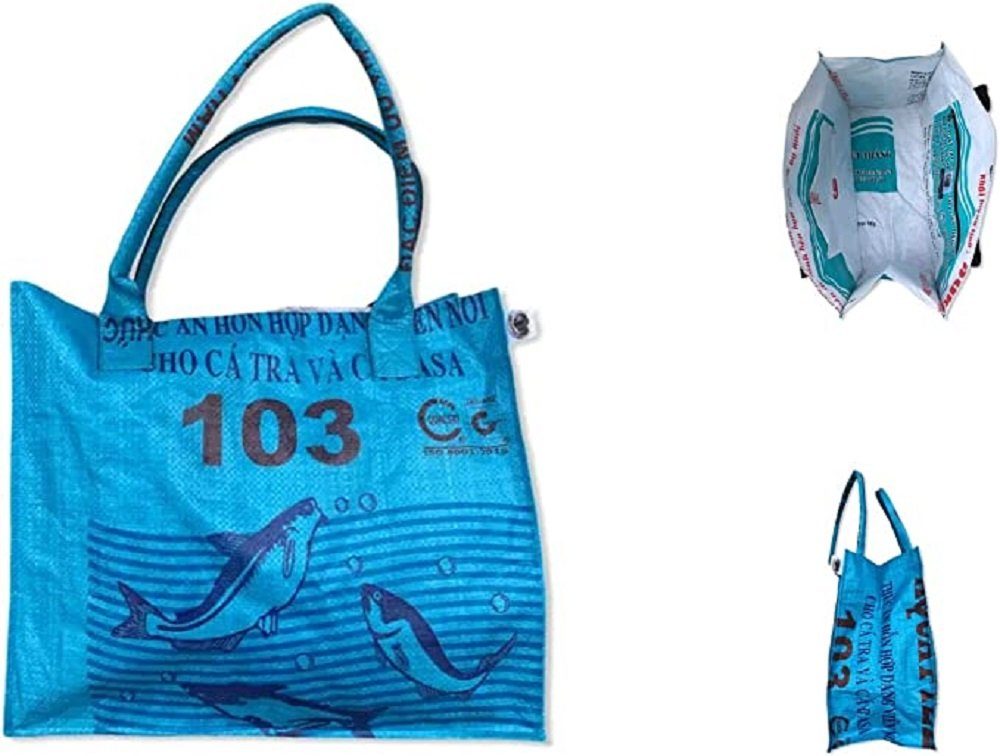 LK Trend & Style Einkaufsshopper Einkaufstasche aus recyceltem Reissack BEADBAGS, Mach dein Statement auf so außergewöhnlich Art Sichtbar! Einkaufstasche Family Fisch