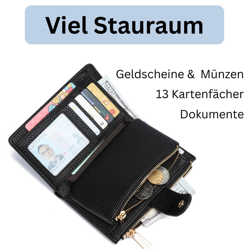 Frentree Geldbörse Damen mit RFID Schutz, Echtleder Optik, großes Münzfach, Portemonnaie mit Reißverschluss, Druckknopf, inkl. Geschenkbox