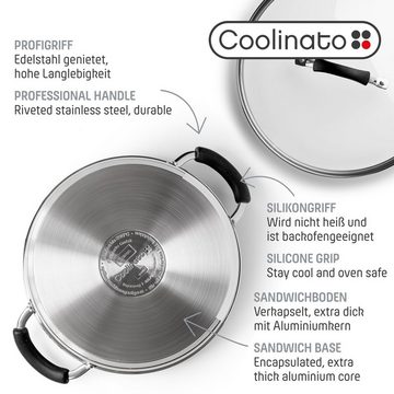 Coolinato Schmorpfanne 24cm Pfanne – antihaftbeschichtet, Edelstahl (Schmorpfannenset), mit Silikongriff