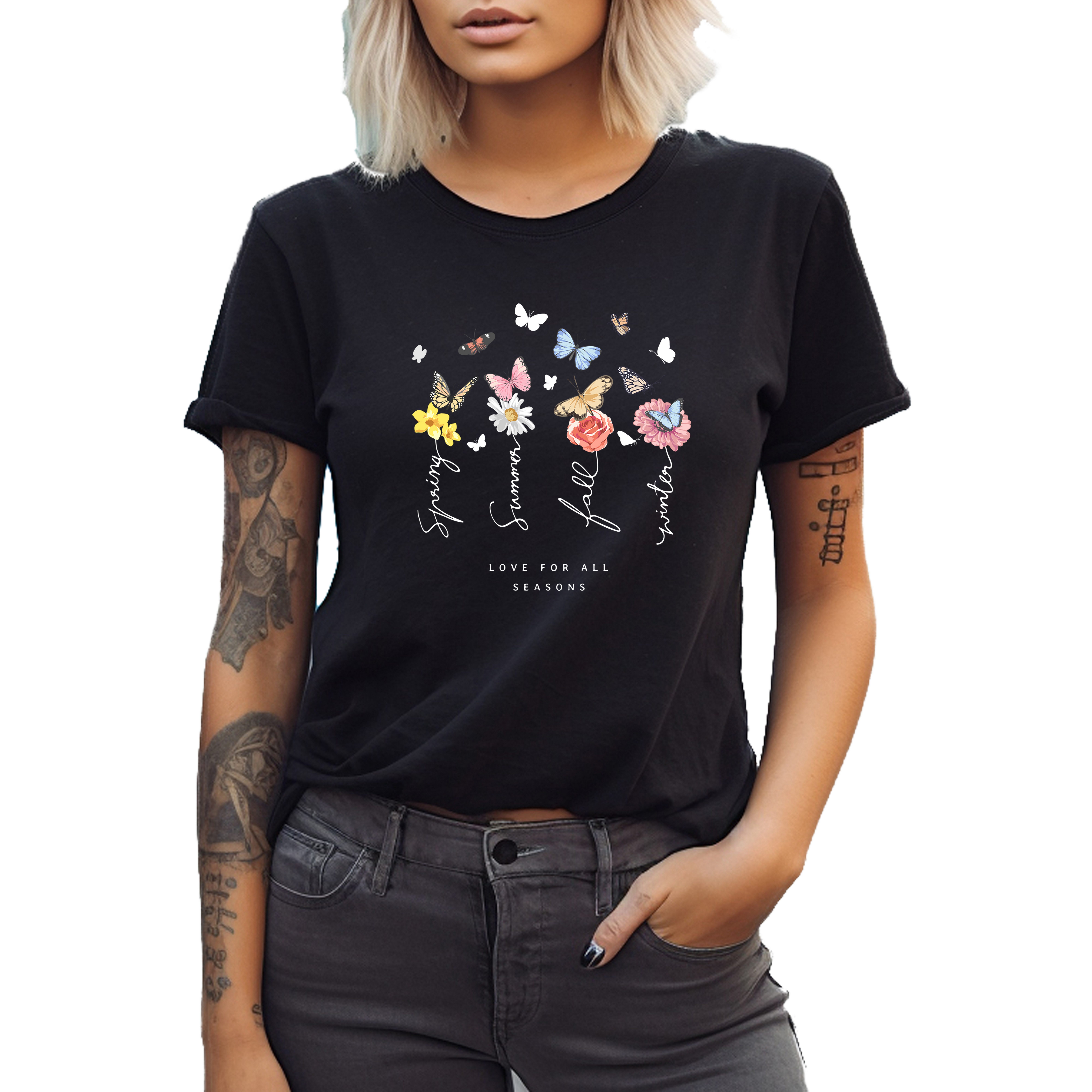 T-Shirt Damen Kurzarm Premium T-Shirt Blumen Aufrduck