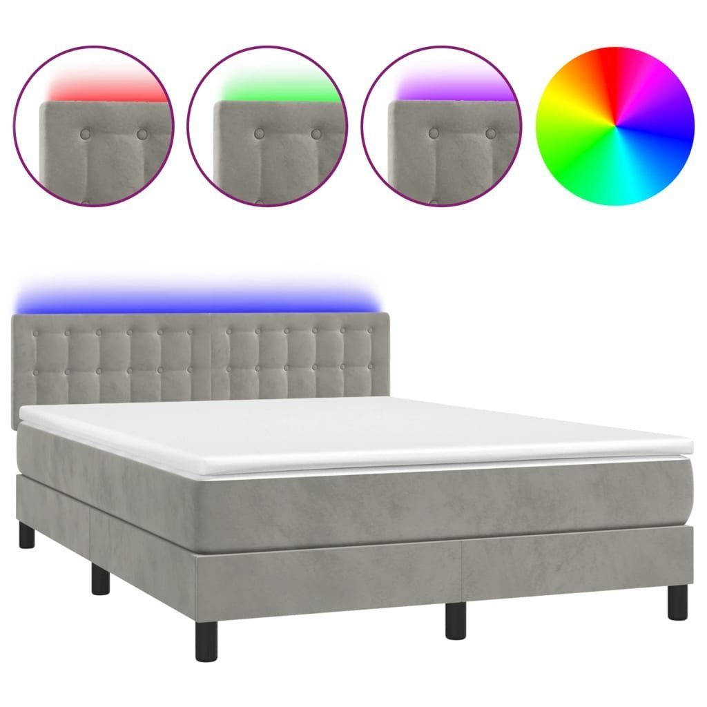 vidaXL Boxspringbett 140 x 200 cm Boxspringbett mit Matratze LED Hellgrau 140x200 cm Samt