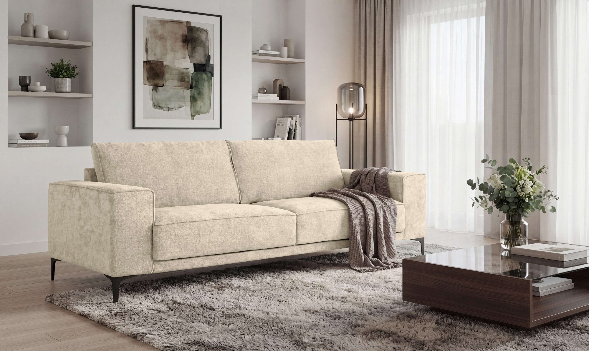 OTTO home 3-Sitzer OLAND, B: 224 cm - Skandi-Design, Chenille-Bezug, Struktur, Flachgewebe, Luxus-Microfaser, Boucle