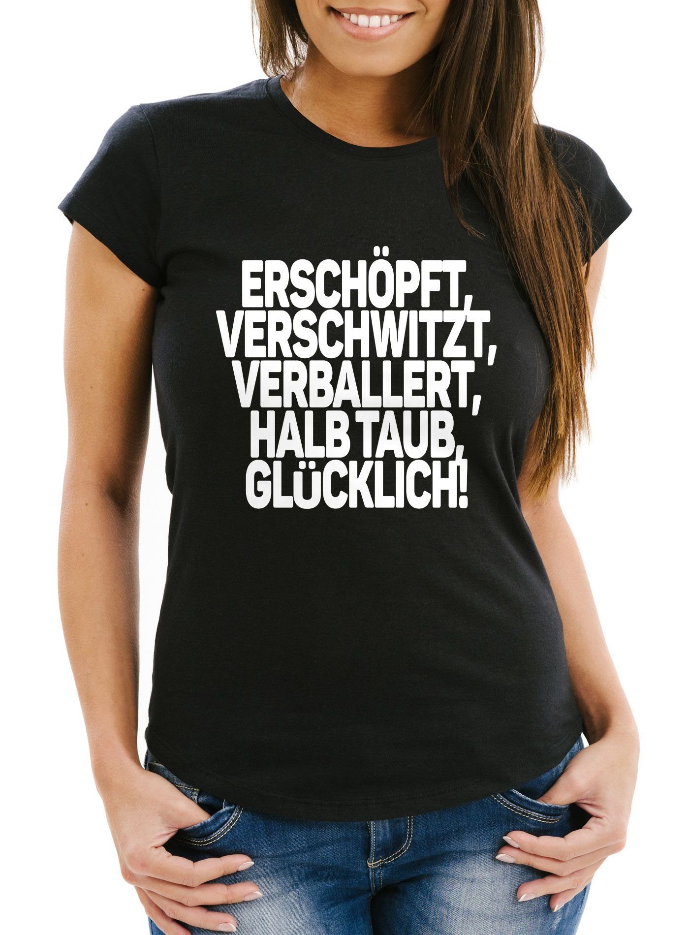 MoonWorks Print-Shirt Damen T-Shirt Spruch Erschöpft Verschwitzt Verballert Halbtaub Glücklich Fun-Shirt Party Festival Techno Rave Oberteil Slim Fit Moonworks® mit Print