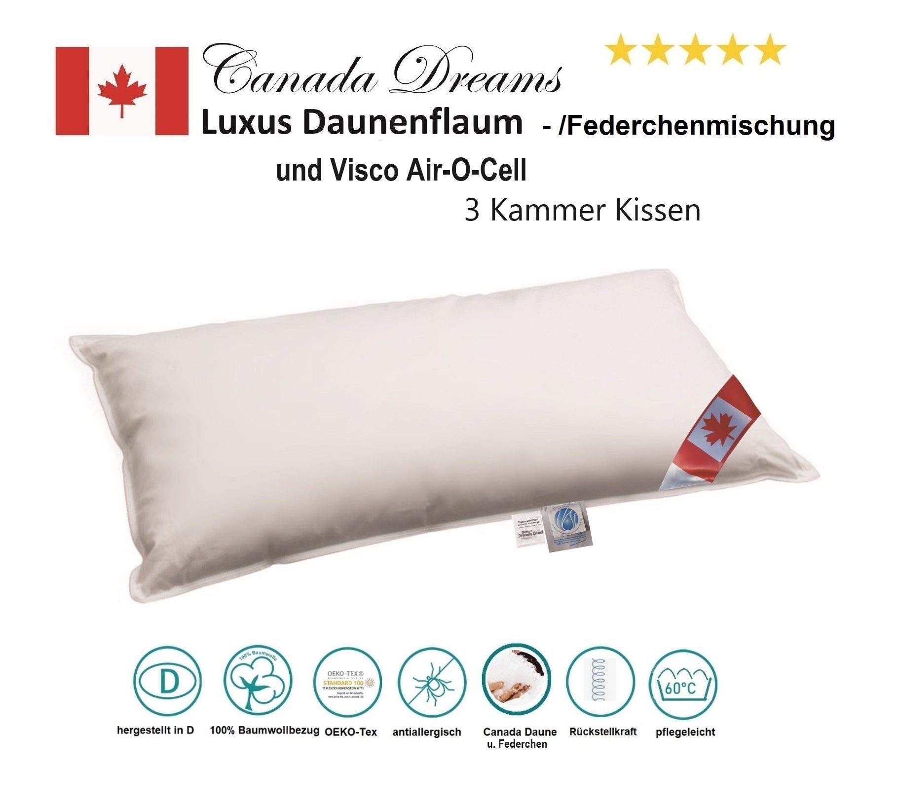 Kissen Daune, Stützkraft Canada, 3-Kammer-Kopfkissen Rückenschläfer, Air-O-Cell der 3-Kammer Canada 40x60 der Luftzellenstäbchen cm Sanftheit Premium Seitenschläfer, Daune,