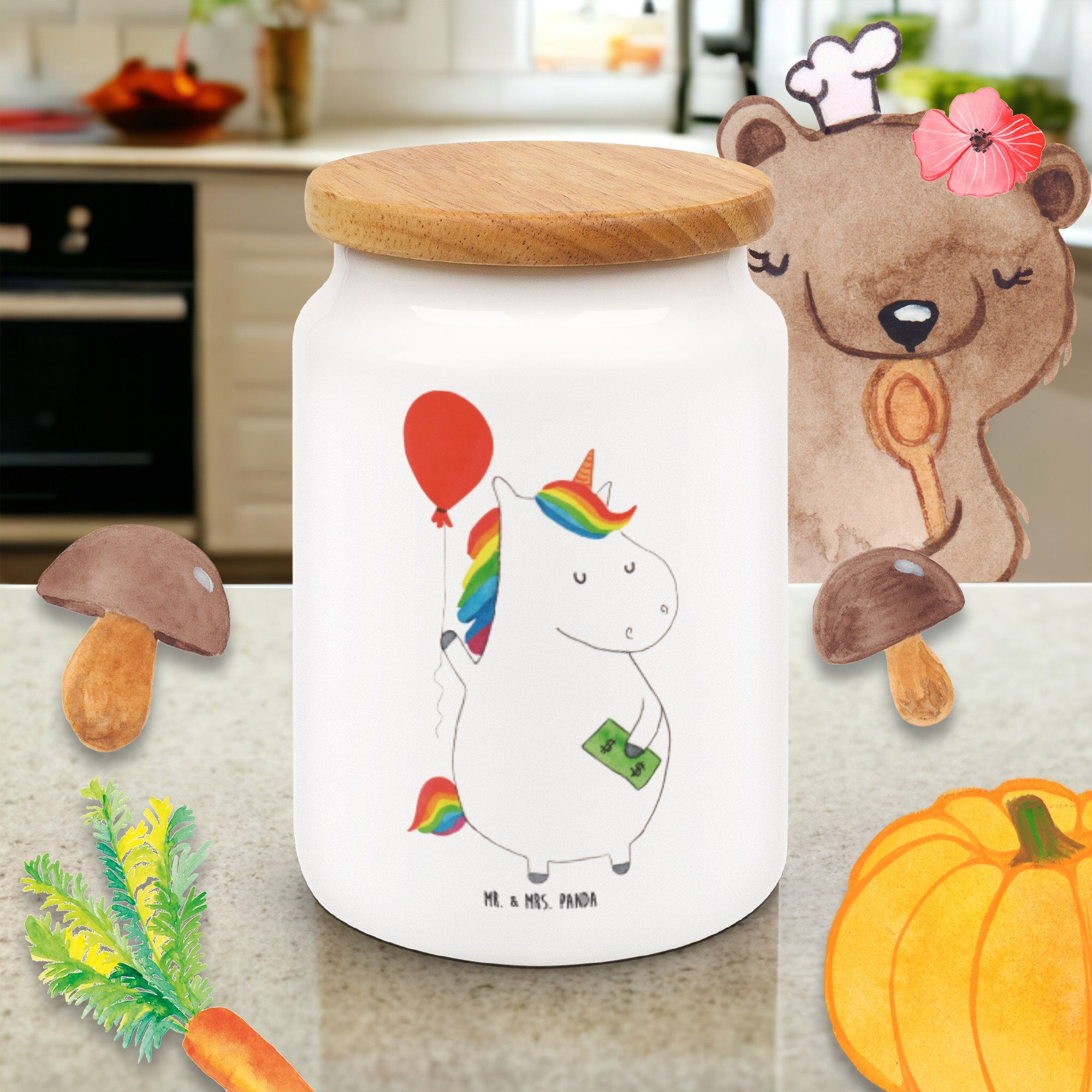 Mr. & Mrs. Panda Keramik, - Weiß Vorratsdose Einhörner, Freude, (1-tlg) Geschenk, - Luftballon Einhorn Lebenslust