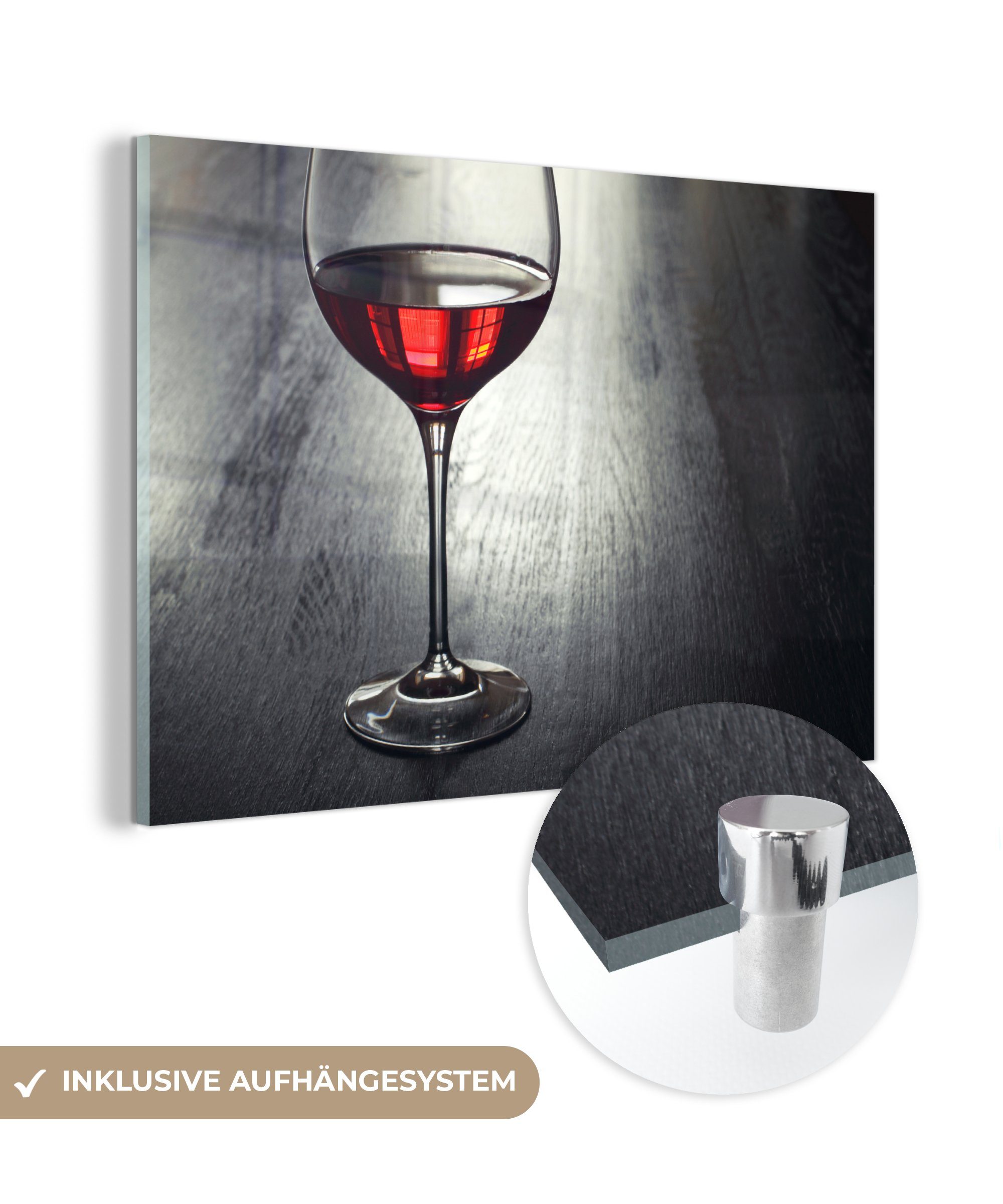 MuchoWow Acrylglasbild Glas Rotwein auf einem Holzteller, (1 St), Acrylglasbilder Wohnzimmer & Schlafzimmer