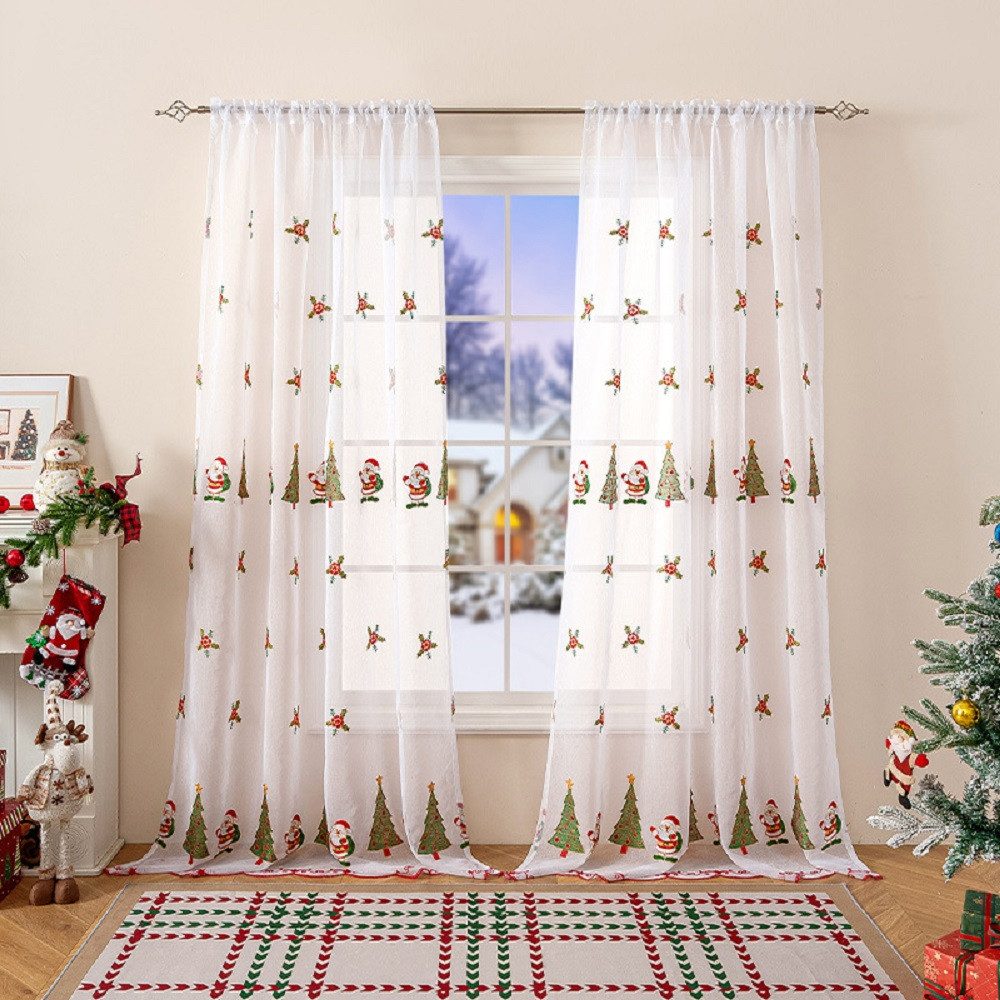 FOUORTUNATE-BEE Vorhang Weihnachtsvorhänge 2er-Set 130×245 cm mit gesticktem Deko-Motiv, Transparente Weihnachtsvorhänge mit Baum- und Santa-Stickerei, Gardine