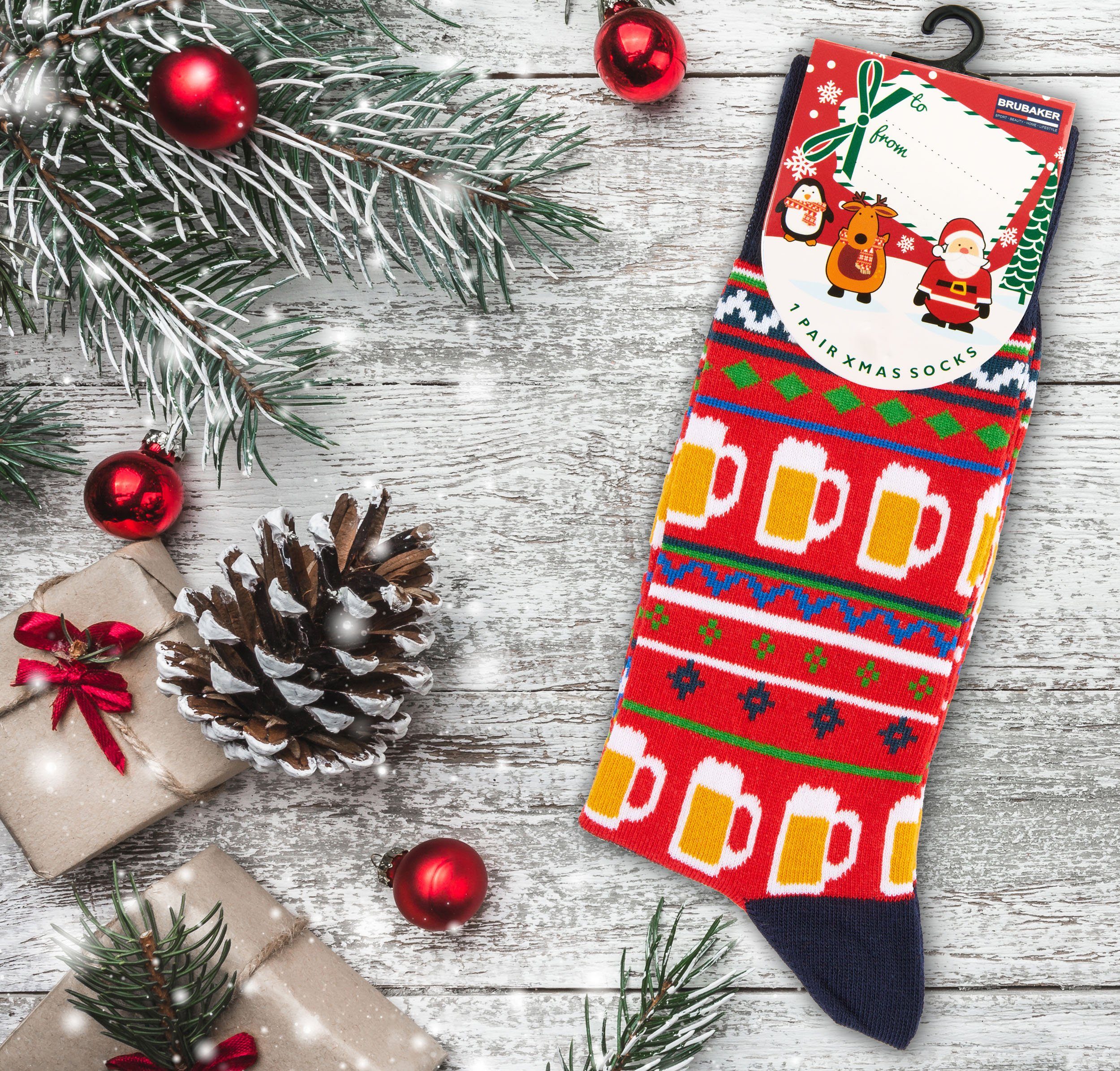 BRUBAKER Socken Weihnachtssocken 1-Paar, - Weihnachtsmuster mit Baumwollsocken Nikolaus Weihnachten und Damen Xmas-Bier) für Rot (Rot, für Bier Lustige und Herren