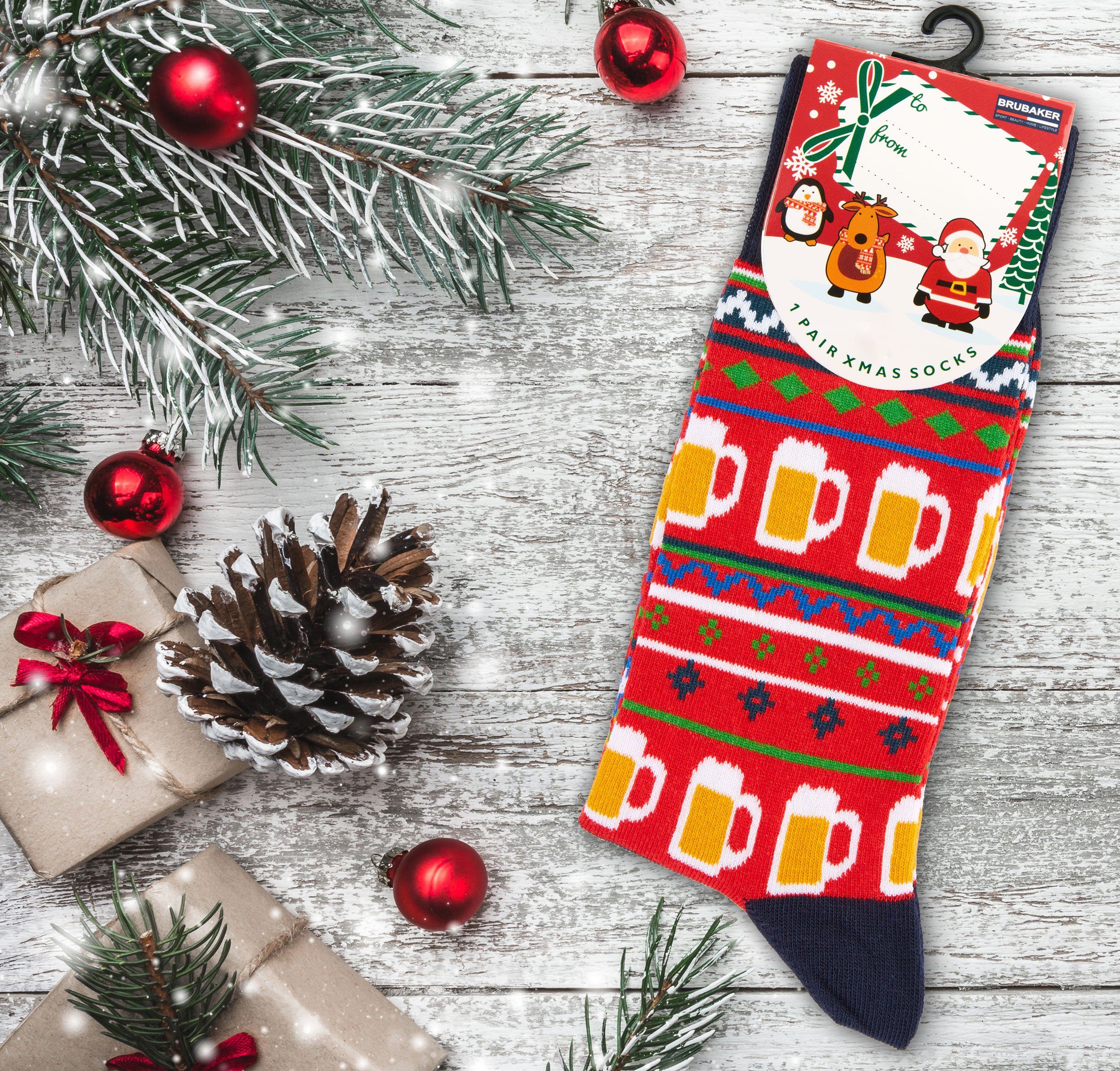 BRUBAKER Socken Weihnachtssocken für Damen und Herren - Weihnachtsmuster mit Bier Rot (Rot, 3-Paar, Xmas-Bier) Lustige Baumwollsocken für Weihnachten und Nikolaus
