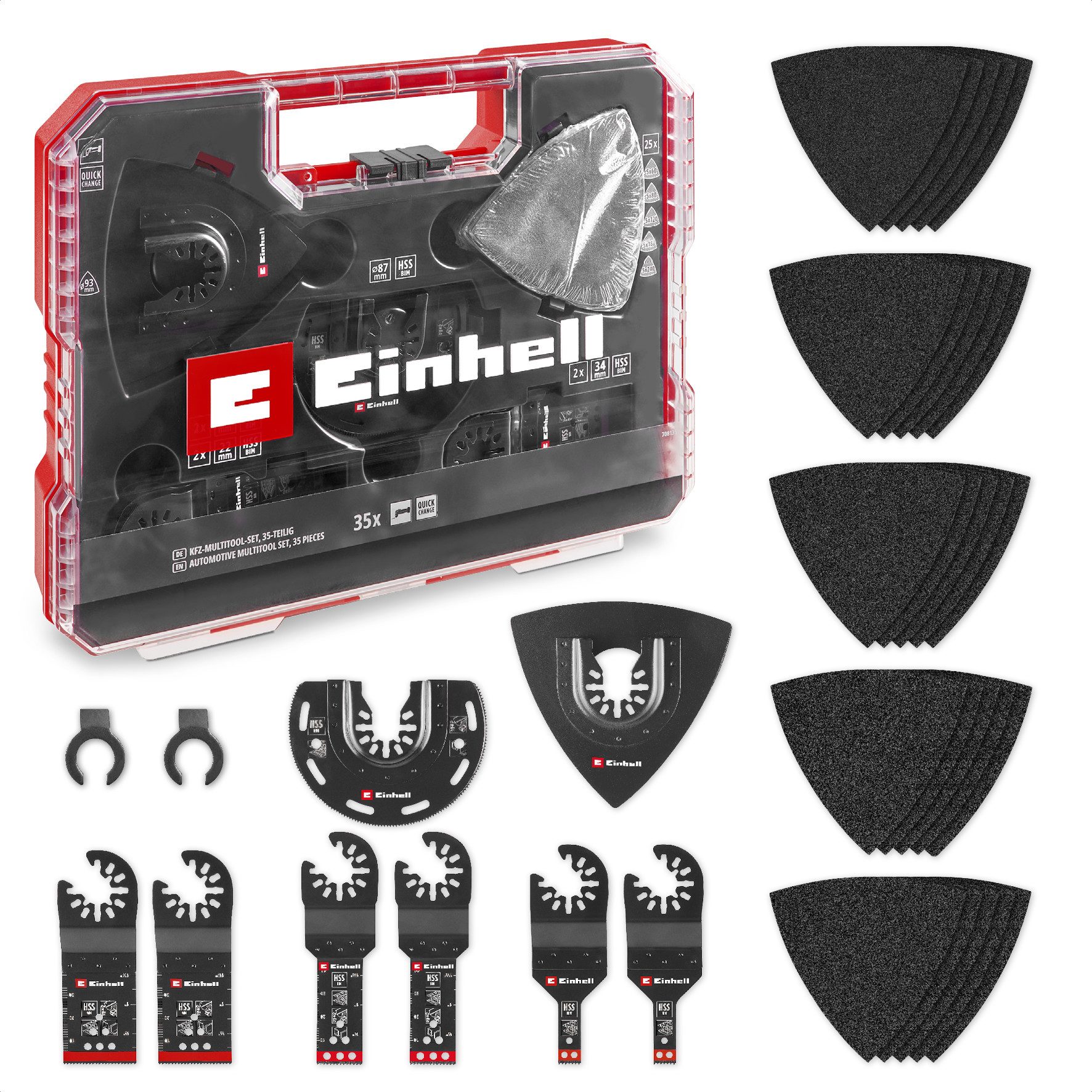Einhell Bohrer- und Bit-Set Original Einhell XL-PLUS-CASE 35-tlg. KFZ-Multitool-Set (BiM-Tauchsäge, (6x BIM-Tauchsägeblätter (2x 34 / 2x 22 / 2x 10 mm), 1x BIM-Halbrund-Sägeblatt (87 mm), 1x Delta-Trägerplatte (93 mm), 25x Siliziumcarbid-Schleifpapier für Metall (5x K 60 / 5x K 80 / 5x K 120 / 5x K 180 / 5x K 240), 2x Dremel-Adapter, 1x Aufbewahrungsbox (30,0 x 23,0 x 5,3 cm), 35-tlg), Original Einhell XL-PLUS-CASE 35-tlg. KFZ-Multitool-Set (BiM-Tauchsäge